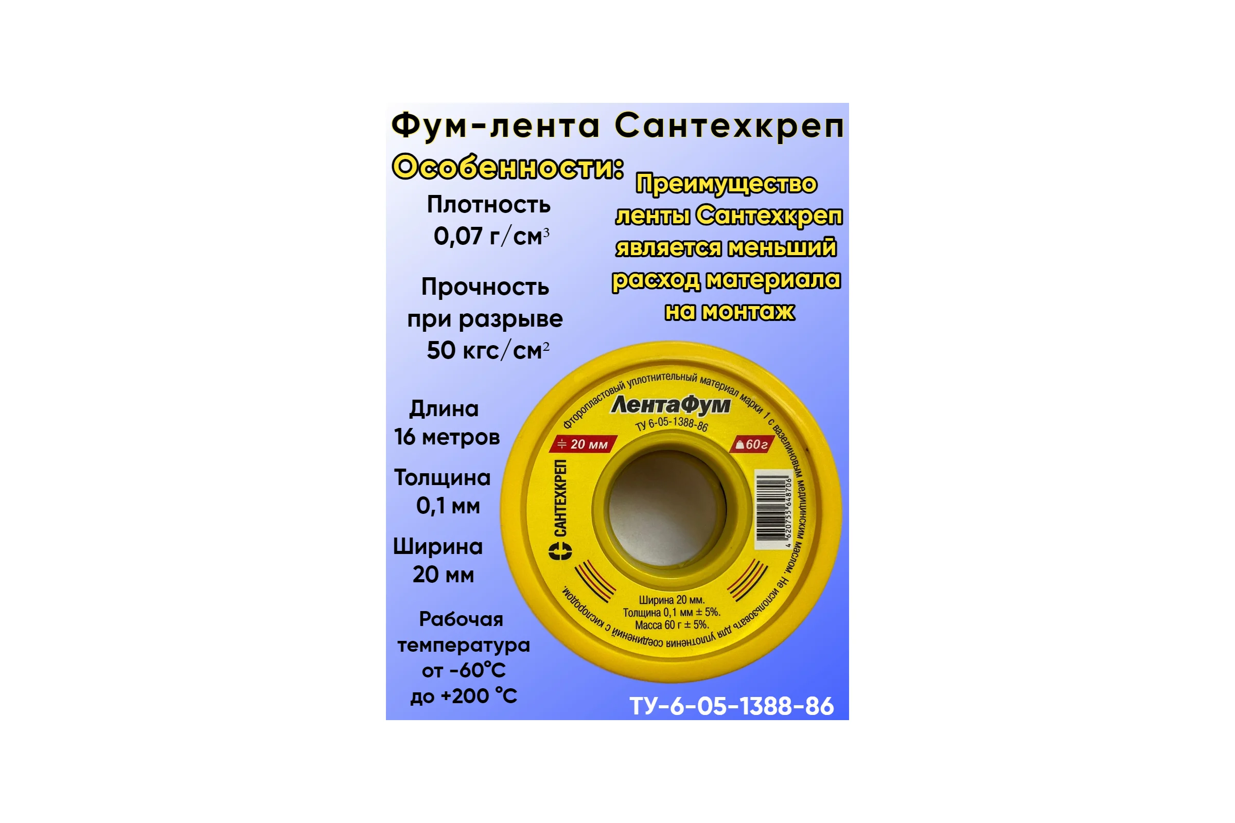 ФУМ- лента Сантехкреп 20х0,1 мм, в кассете, 60 г 2.4.7.