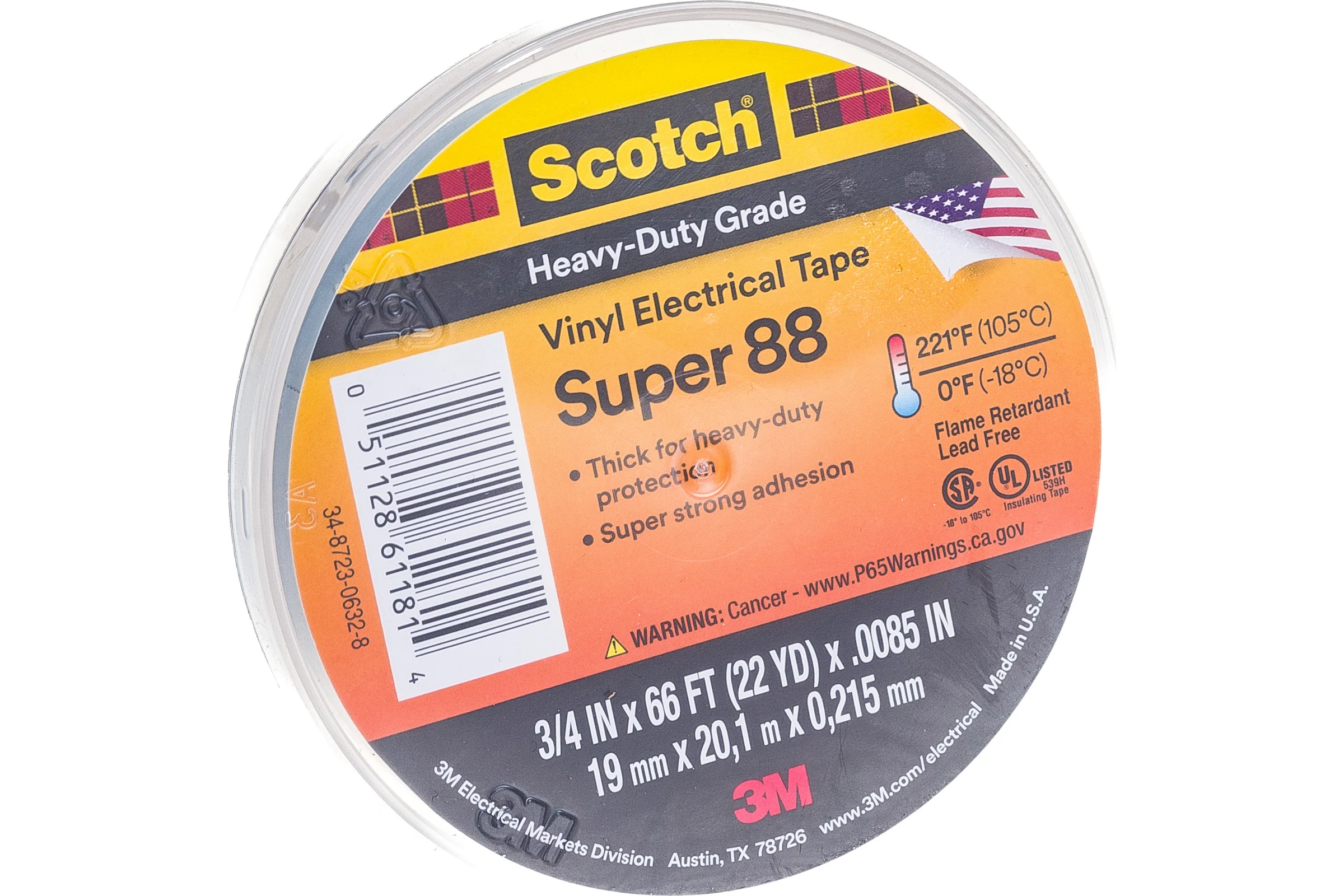 Изолента ПВХ высшего Класса 3М Scotch Super 88 рулон 19 мм х 20 м х 0.22 мм 7100079942