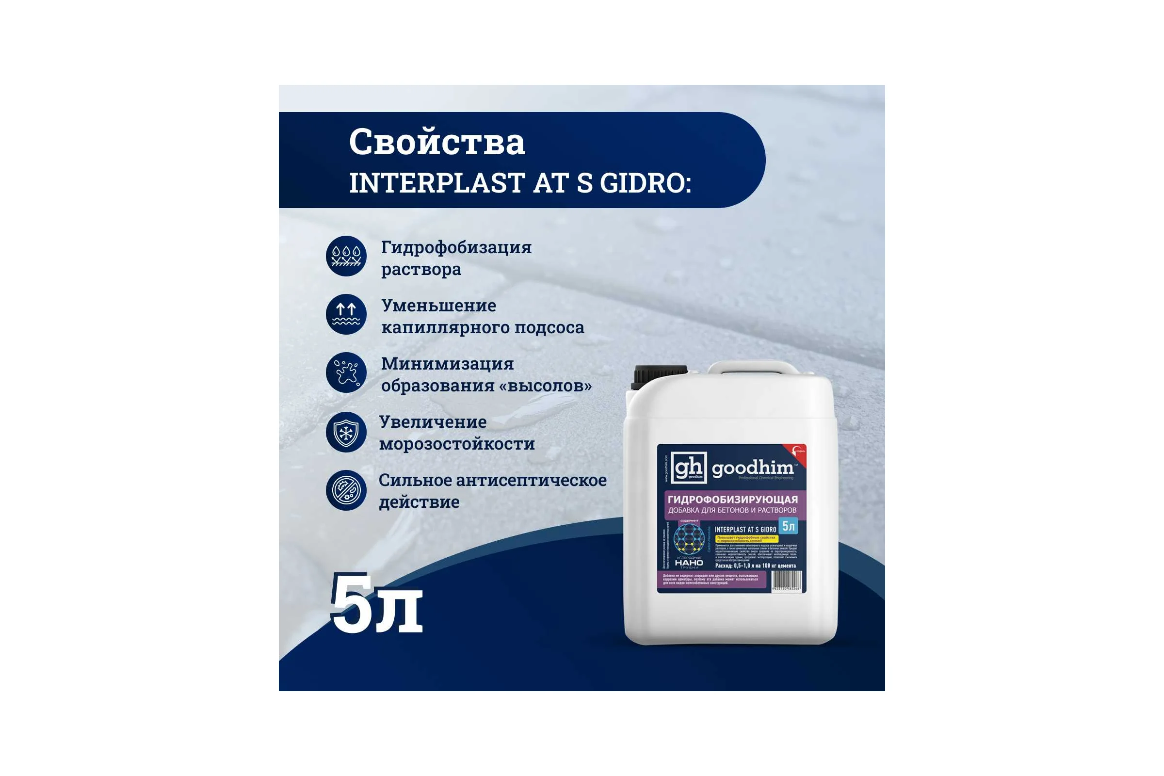 Гидрофобизирующая добавка для бетонов и растворов Goodhim INTERPLAST AT S GIDRO, 5 л 82268