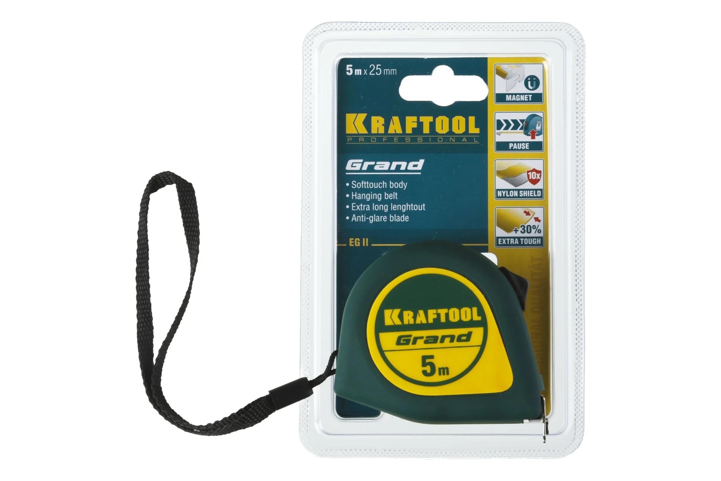 Рулетка KRAFTOOL Grand 5 м, 25 мм, обрезиненный пластиковый корпус 34022-05-25
