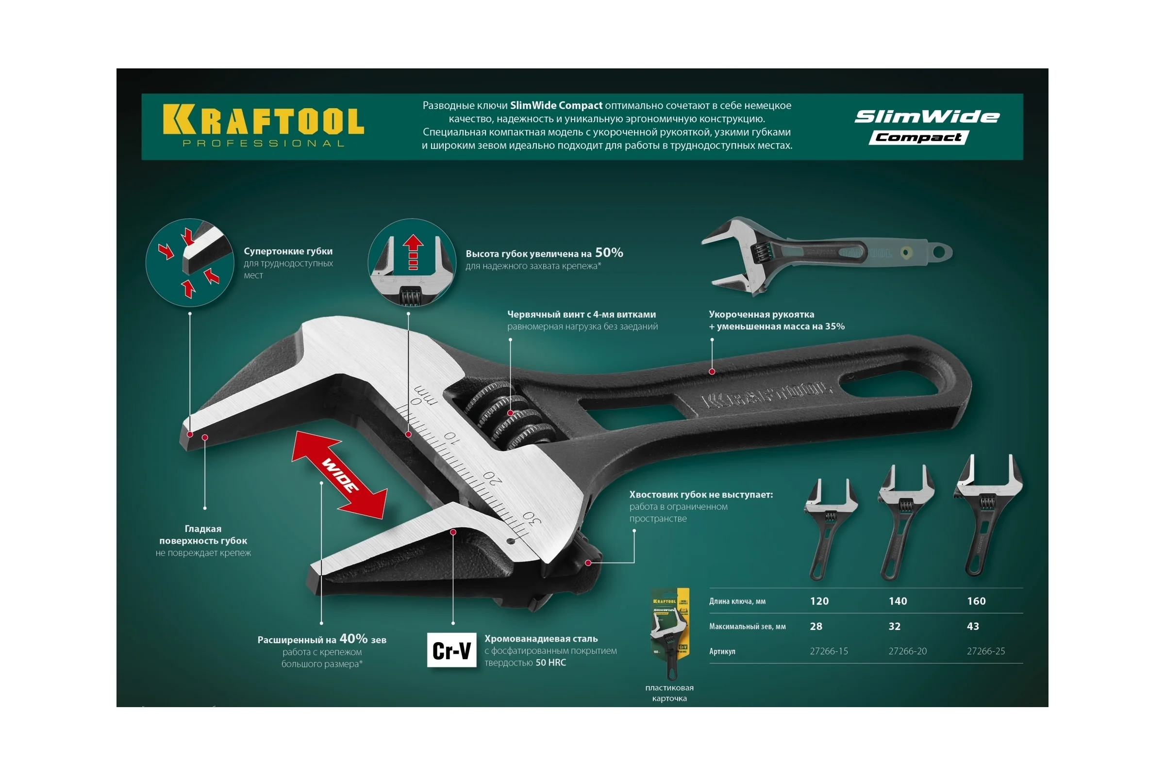 Разводной ключ KRAFTOOL SlimWide Compact 140/32 мм 27266-20