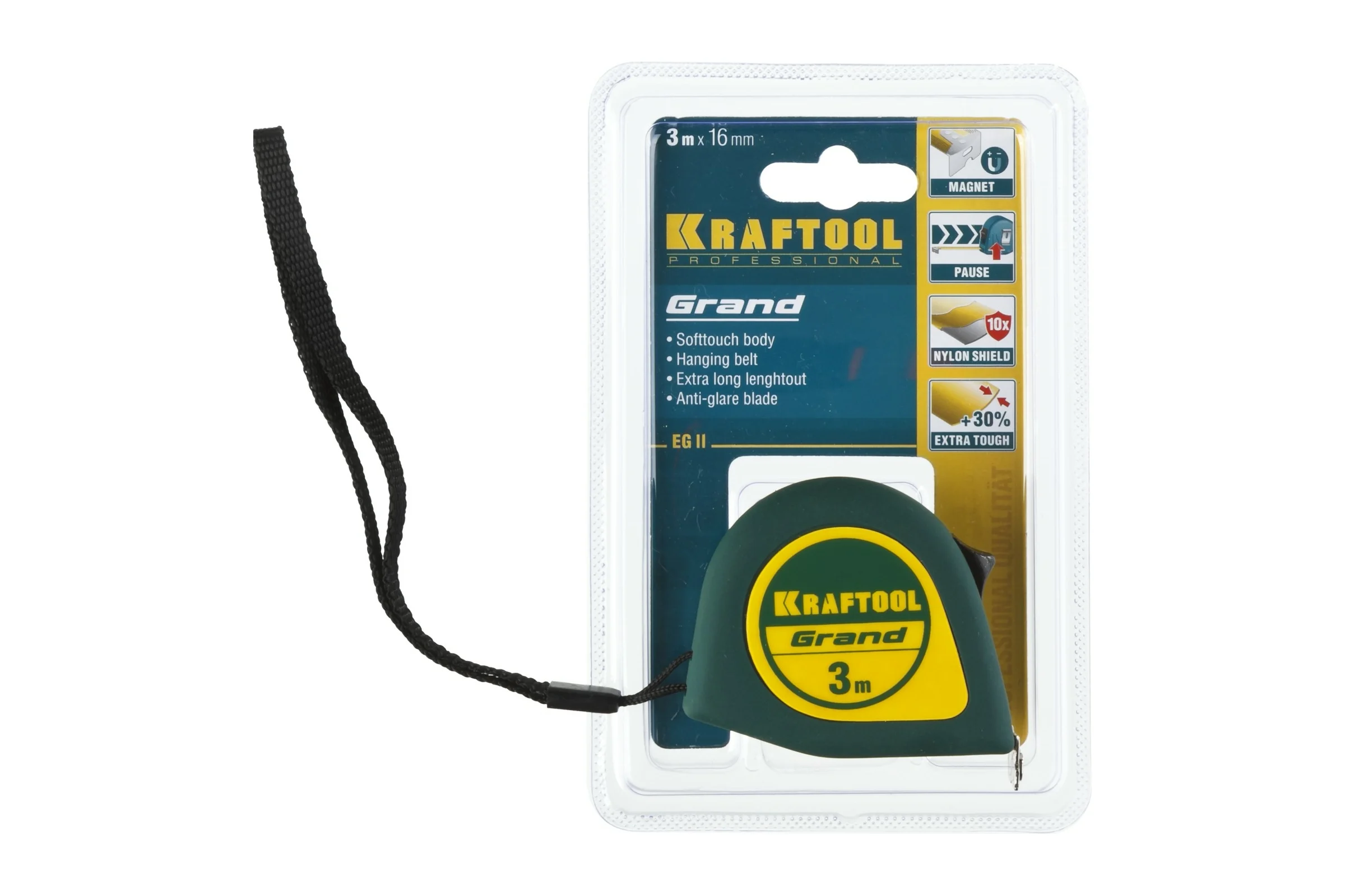 Рулетка KRAFTOOL Grand обрезиненный пластиковый корпус, 3м х 16мм 34022-03-16
