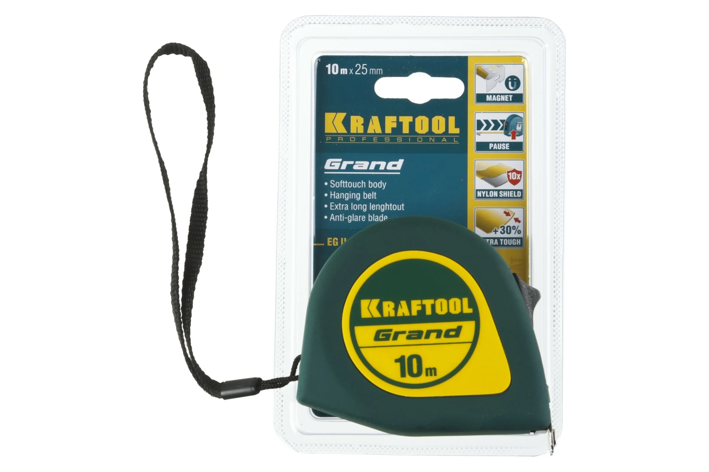 Рулетка KRAFTOOL Grand 10м/25мм, обрезиненный пластиковый корпус 34022-10-25