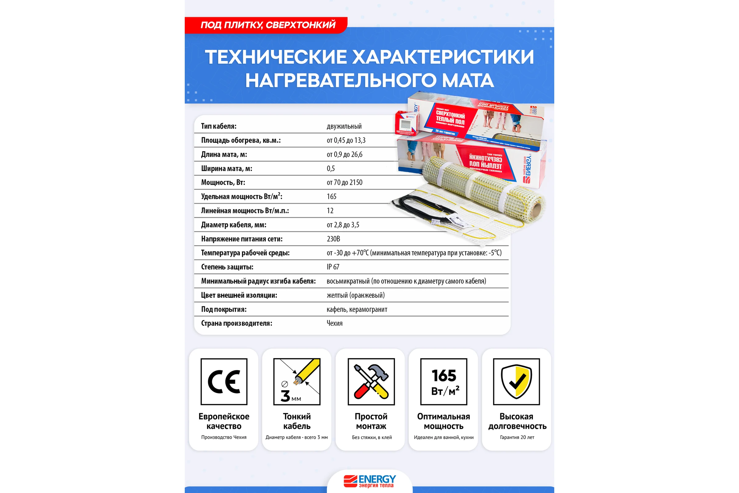 Теплый пол (мат) ENERGY 0,45 - 70 Вт к/т без термостата 00-УТ-00625