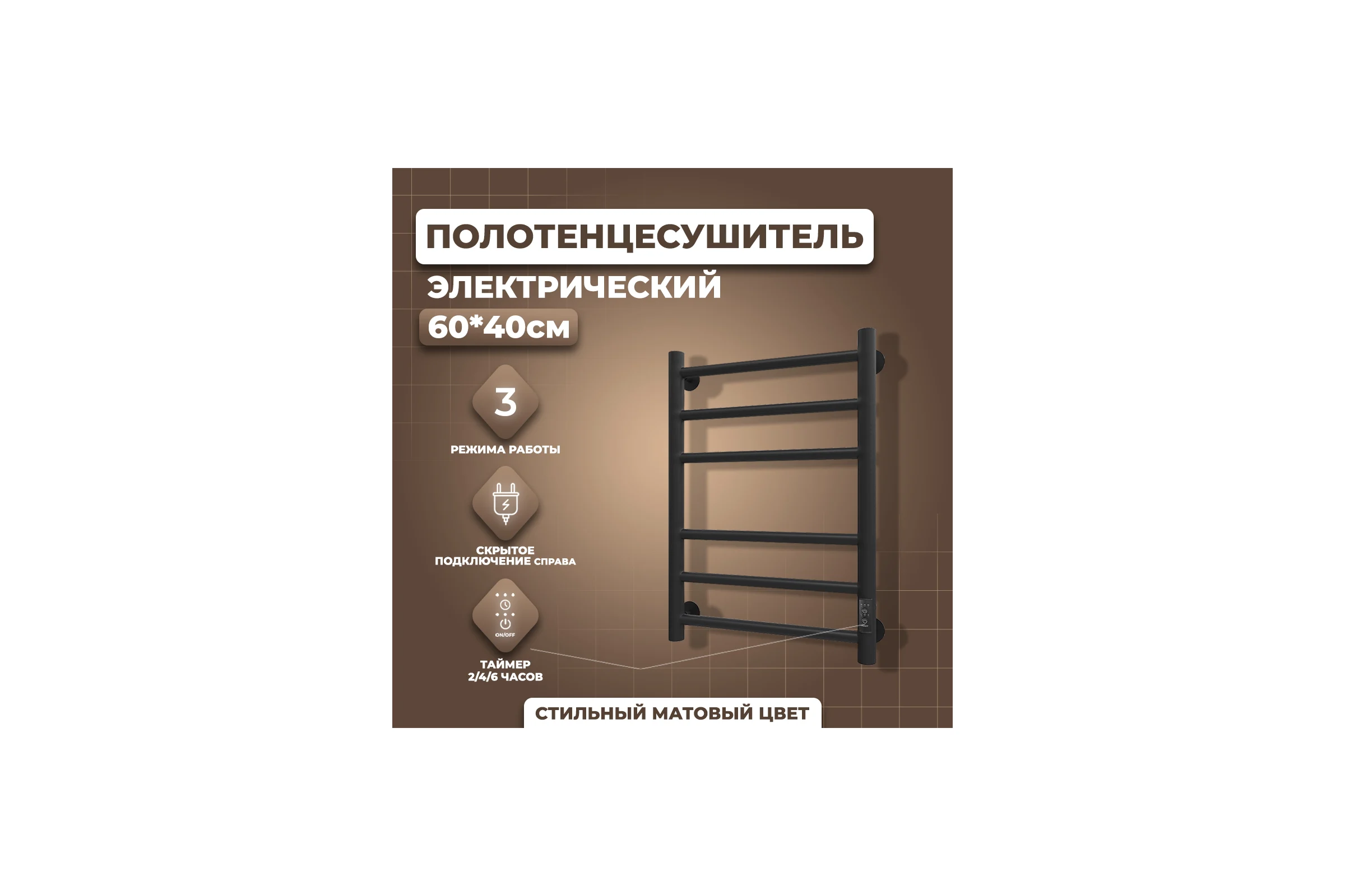 Электрический полотенцесушитель Маргроид Лина (ВхШ) 60x40, П(3+3) Straight, таймер, скрытый монтаж, правое подключение, черный матовый 4690569113271 ЦБ-00266246