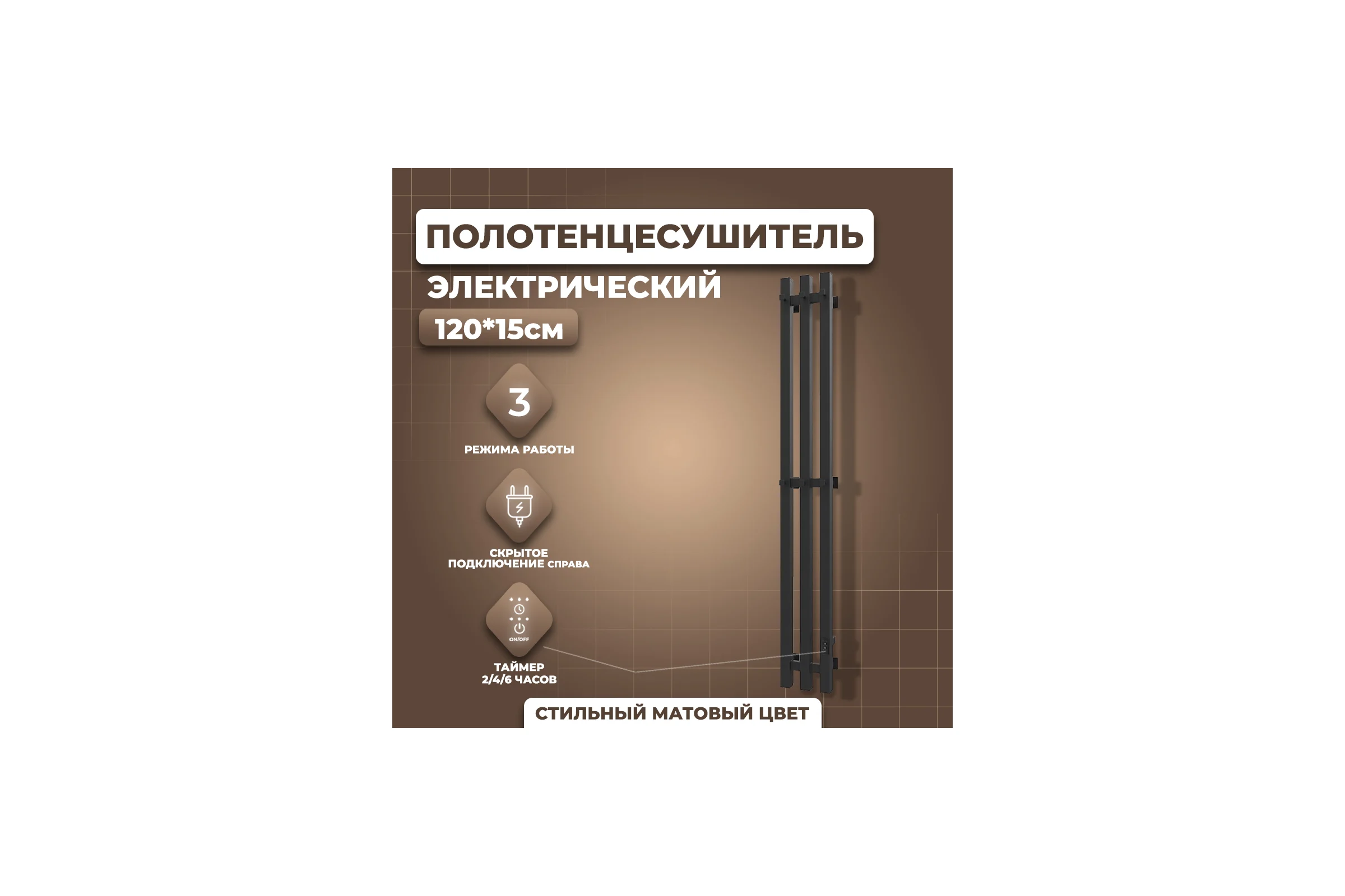Электрический полотенцесушитель Маргроид Хелми Inaro 3 секции профильный, 120x15, таймер, скрытый монтаж, правое подкл, черный матовый 4690569234976 ЦБ-00266256