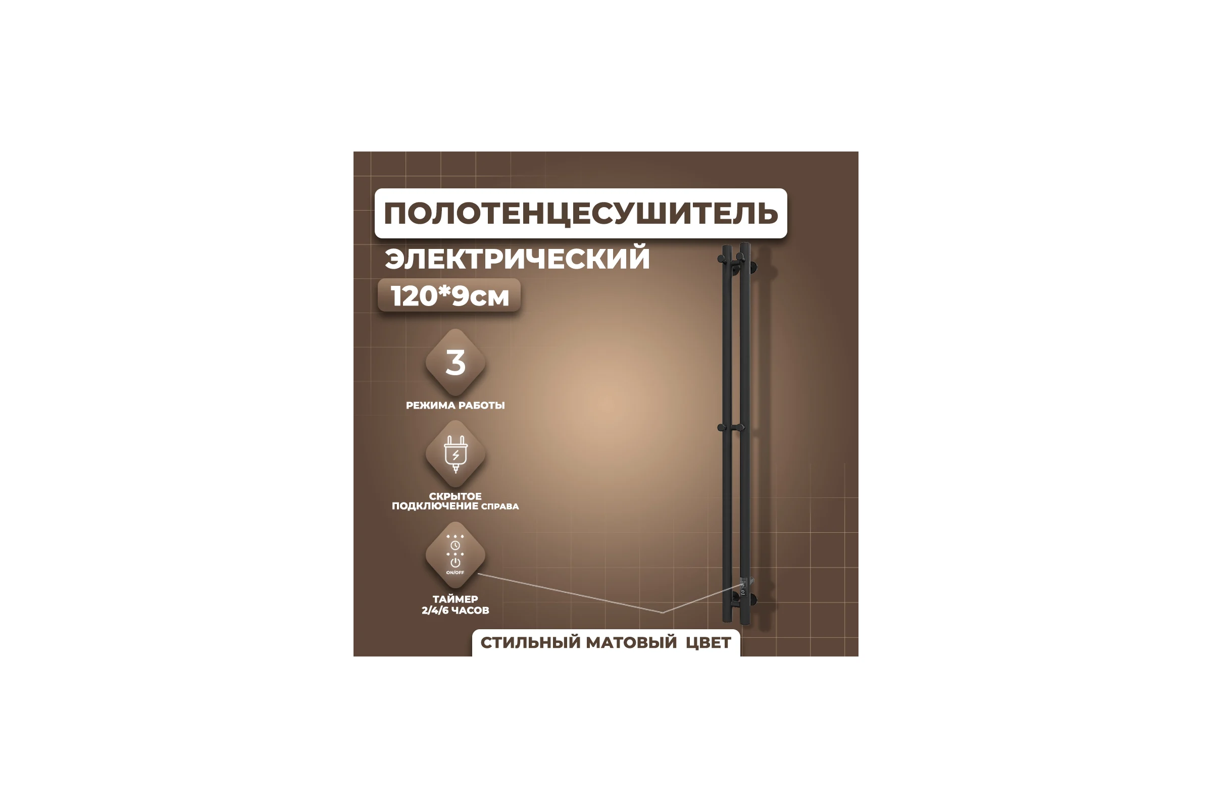 Электрический полотенцесушитель Маргроид Лина Inaro 2 секции, 120x9, таймер, скрытый монтаж, правое подключение, черный матовый 4690569129487 ЦБ-00266236