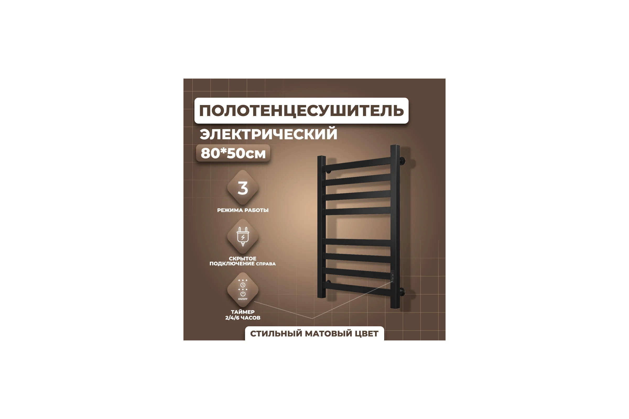 Электрический полотенцесушитель Маргроид Хелми П(4+4) 50x80 с таймером, черн. мат 4690569273319 ЦБ-00266925
