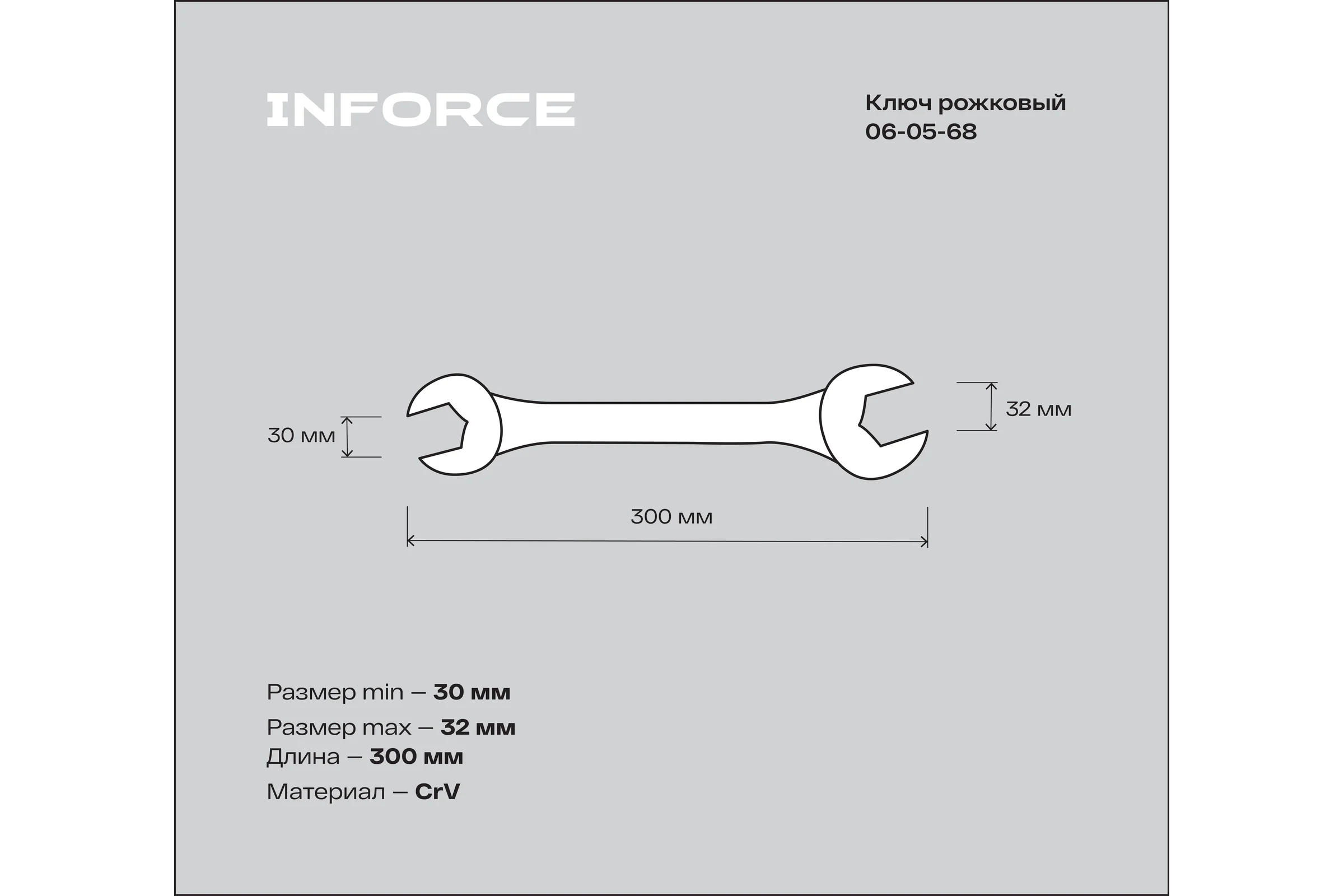Рожковый ключ 30x32мм Inforce, Сталь Cr-V, профессиональный, 06-05-68