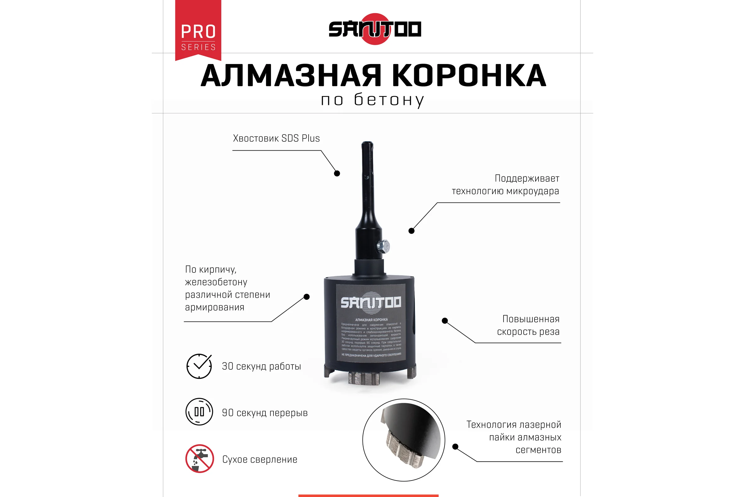 Коронка с алмазными режущими сегментами PRO 68 мм Sanitoo 3505
