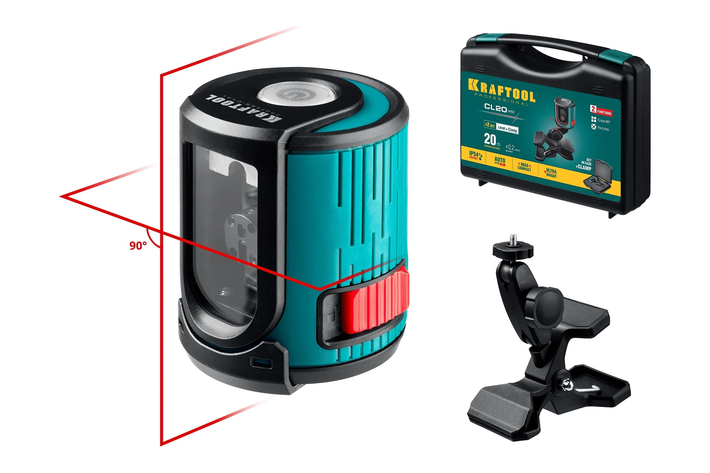 Лазерный нивелир KRAFTOOL CL 20 5 20 м, IP54, точность +/-0,2 мм/м, держатель, в кейcе 34700-5