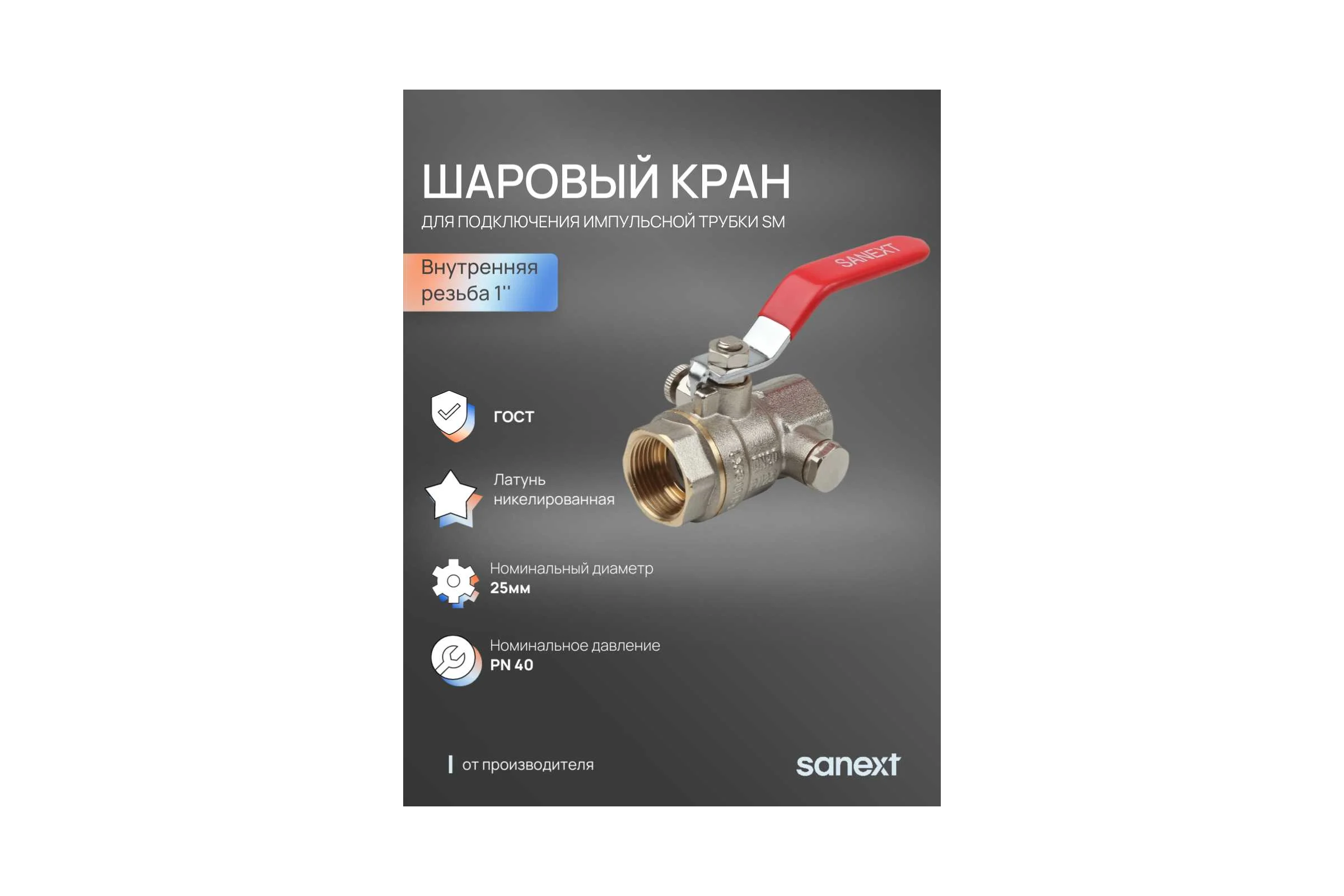 Шаровый кран SANEXT ГОСТ, PN40, для подключения импульсной трубки SM Ду 25, ВР 1" 6303