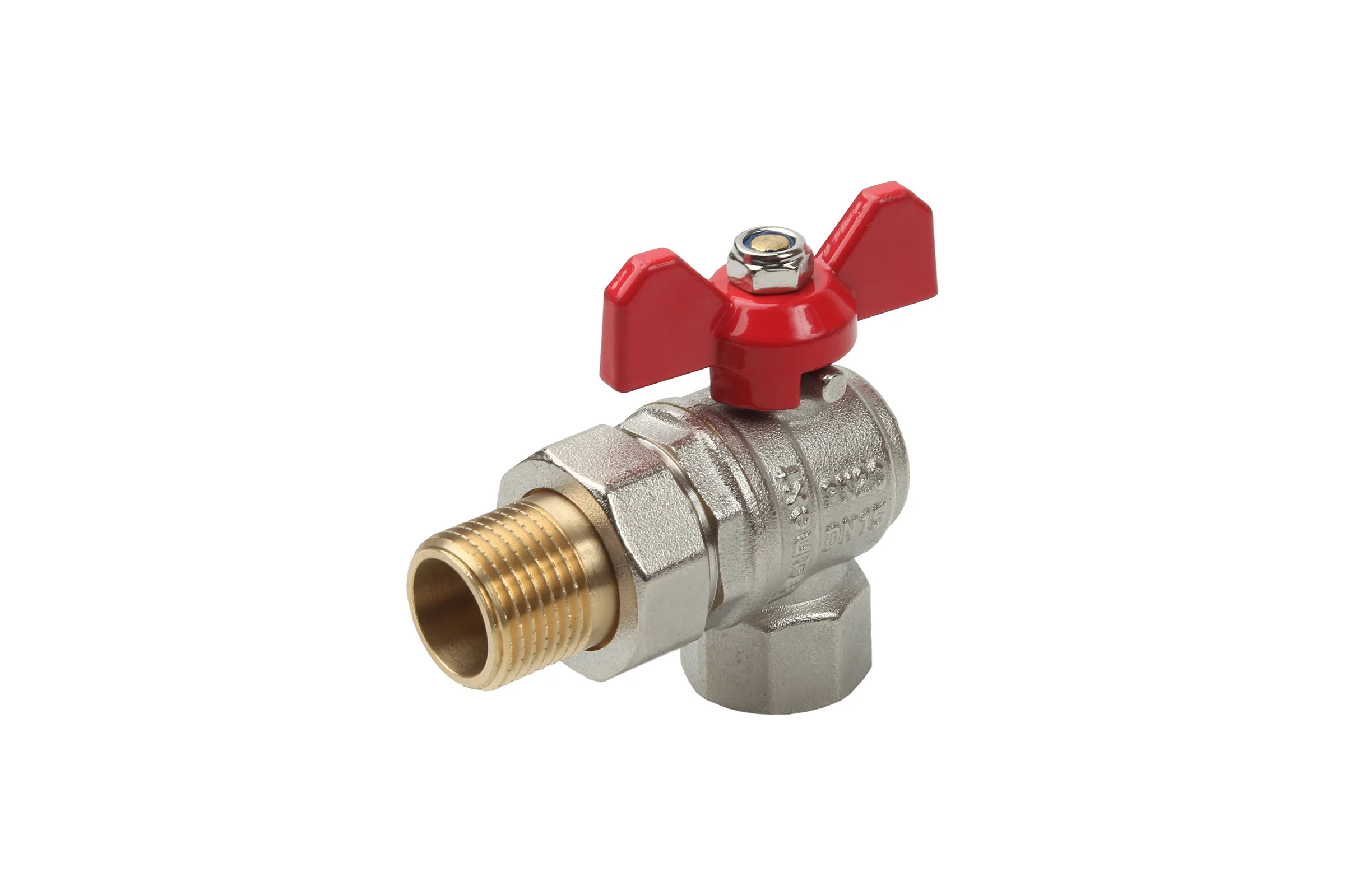 Шаровый кран SANEXT ГОСТ, PN40, Ду 15, НР-ВР 1/2" угловой со сгоном (Американка) бабочка 8777