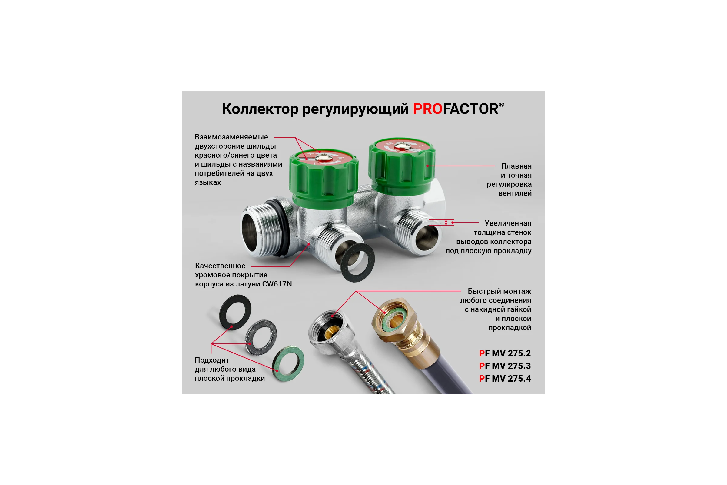 Коллектор PROFACTOR регулирующий, под плоскую прокладку, хром в/н 3/4" х 3 вых 1/2" нар PF MV 275.3