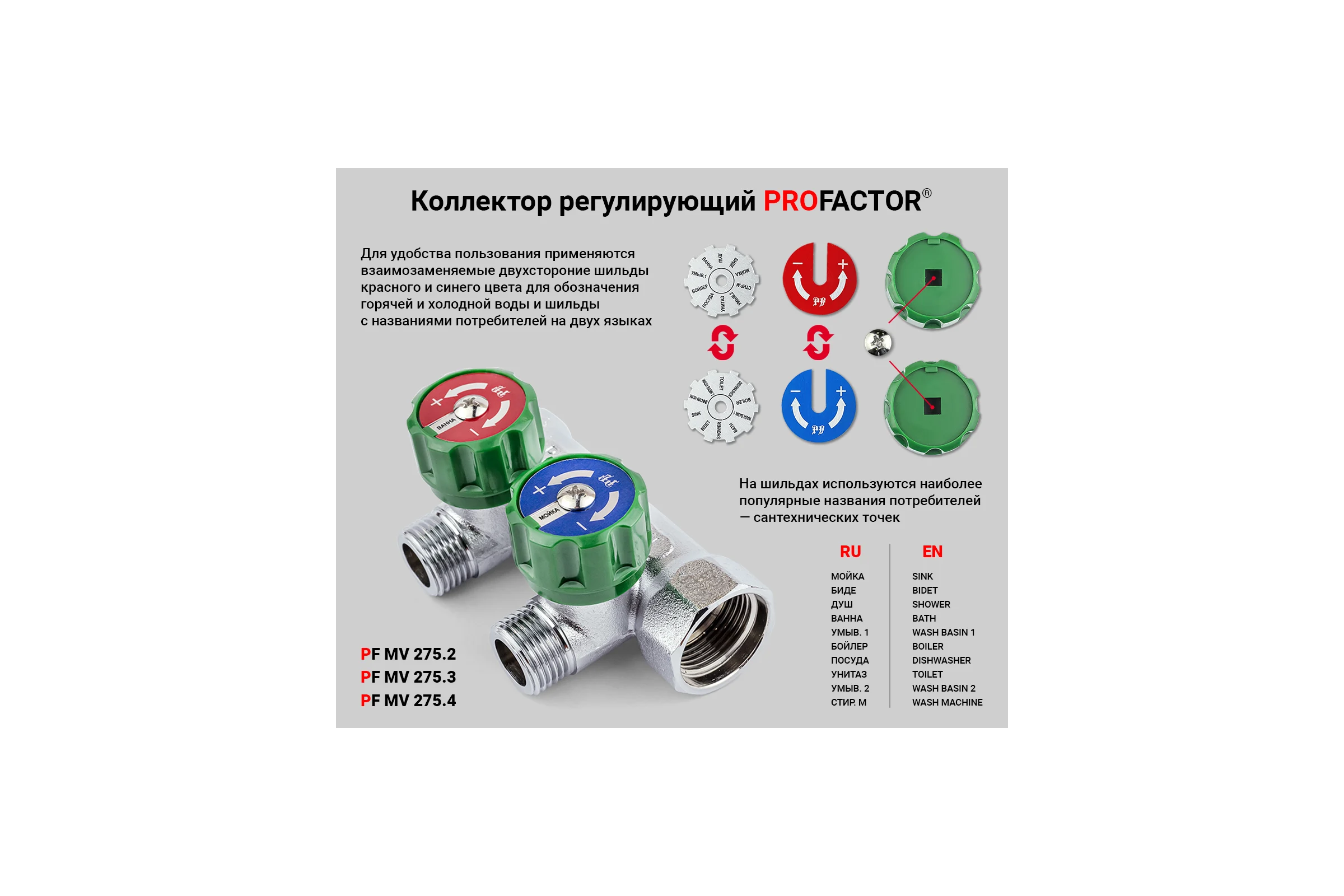 Коллектор PROFACTOR регулирующий, под плоскую прокладку, хром в/н 3/4" х 3 вых 1/2" нар PF MV 275.3