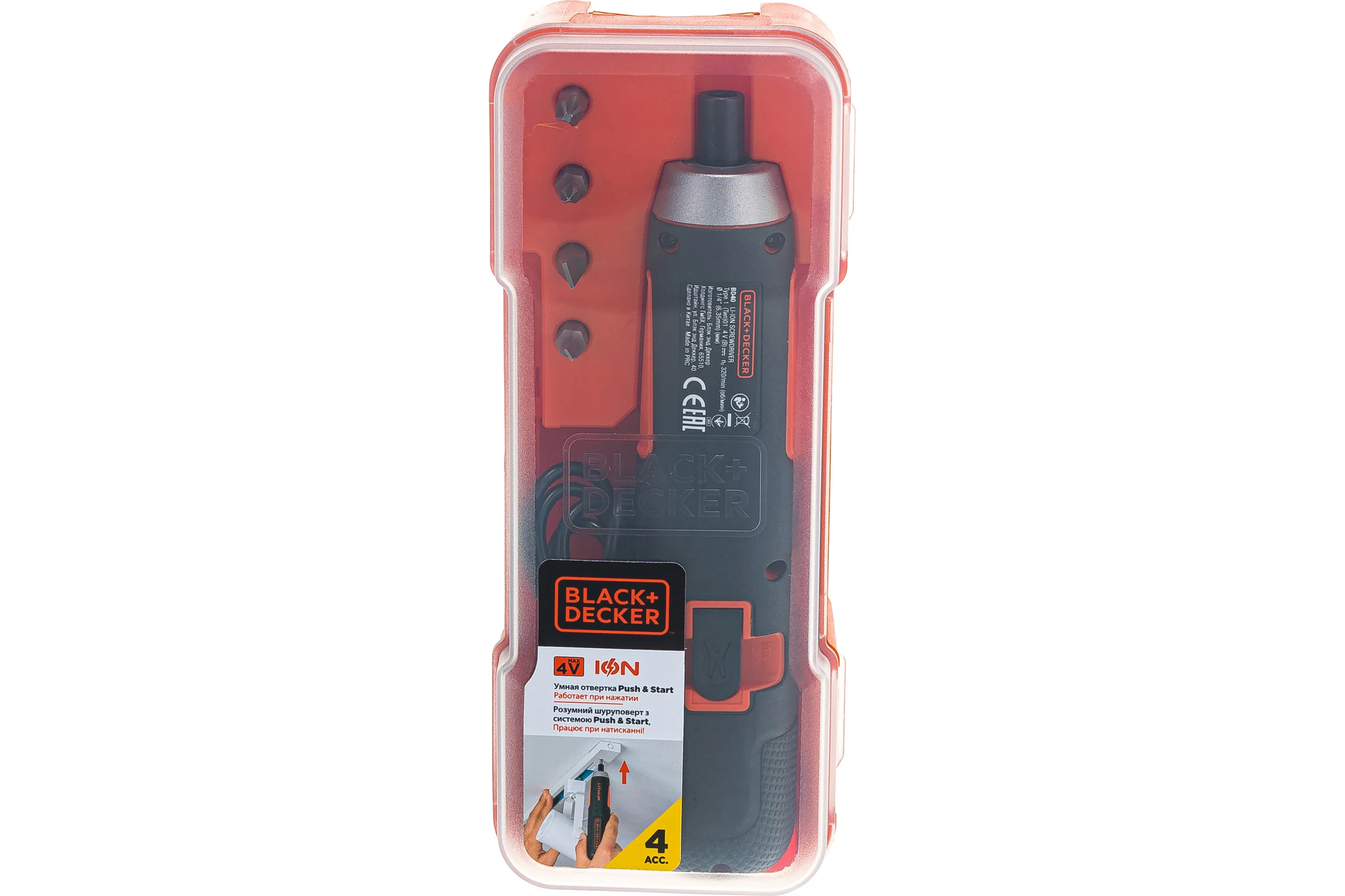 Аккумуляторная отвертка Black&Decker ION + 4 насадки BD40K4-RU