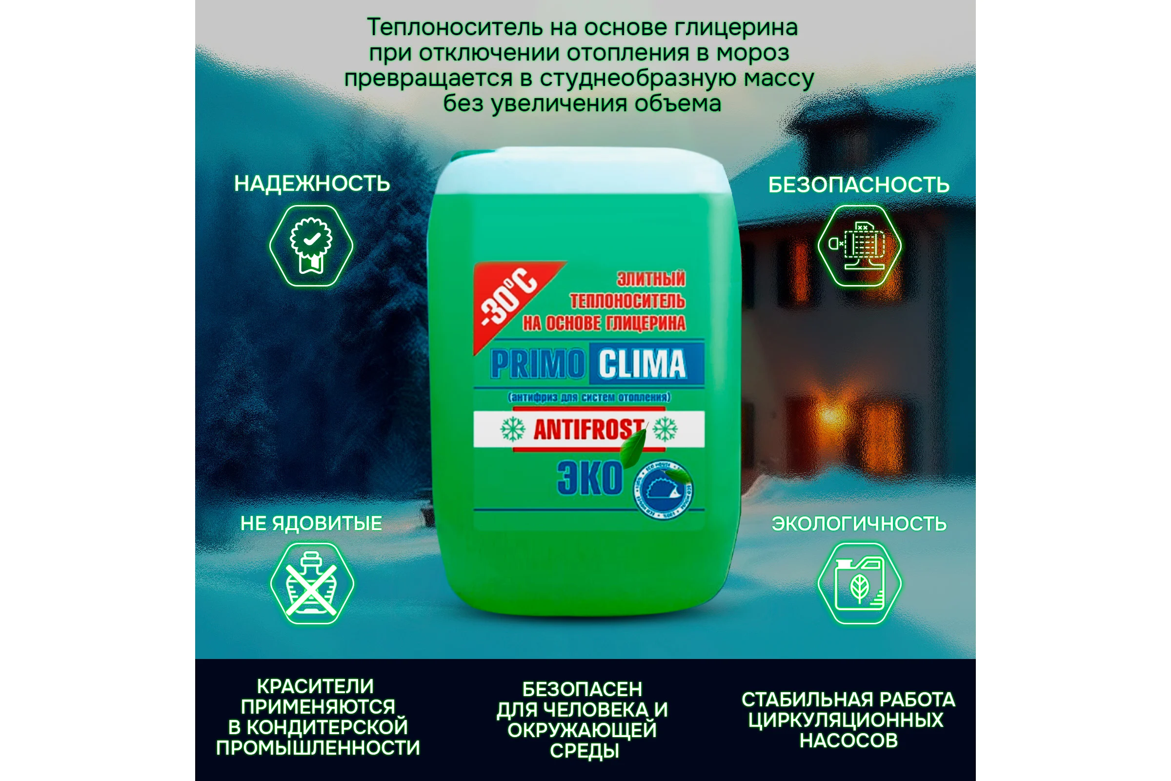 Теплоноситель Глицерин -30C ECO 20 кг, канистра, цвет зеленый Primoclima Antifrost PA-30C ECO 20