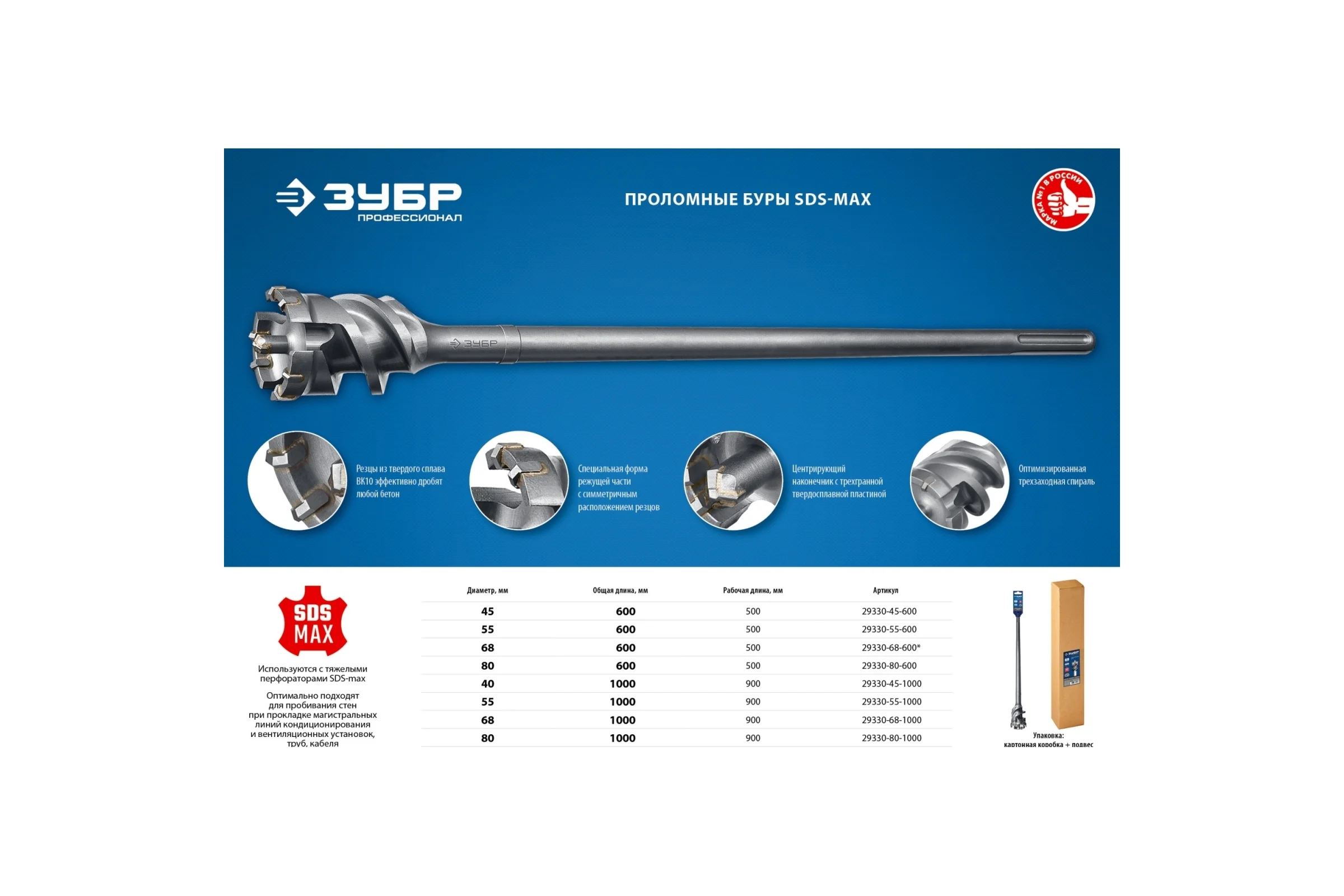 Бур проломной ЗУБР Профессионал SDS-max 45х1000 мм 29330-45-1000