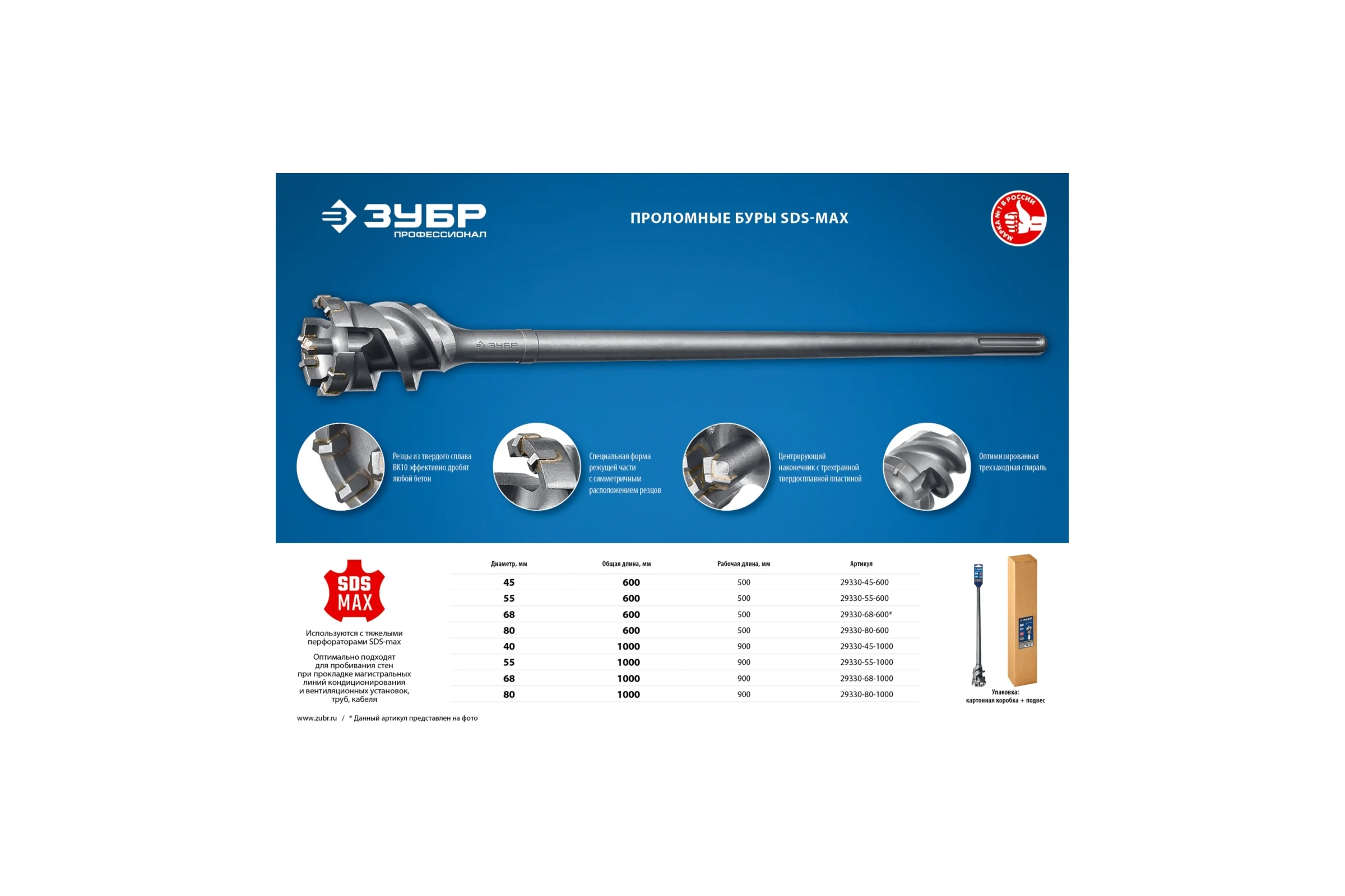 Бур проломной ЗУБР Профессионал SDS-max 55х600 мм 29330-55-600