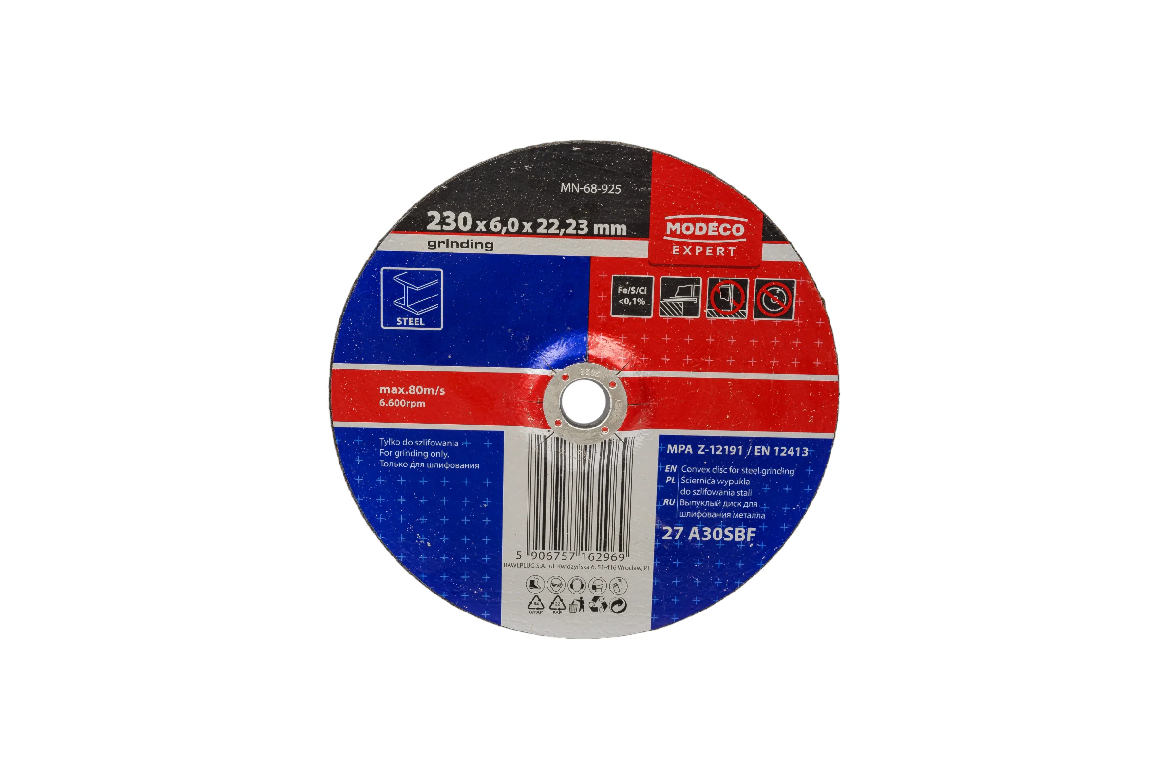 Диск для шлифования металла 230x6x22.23 мм, выпуклый MODECO MN-68-925
