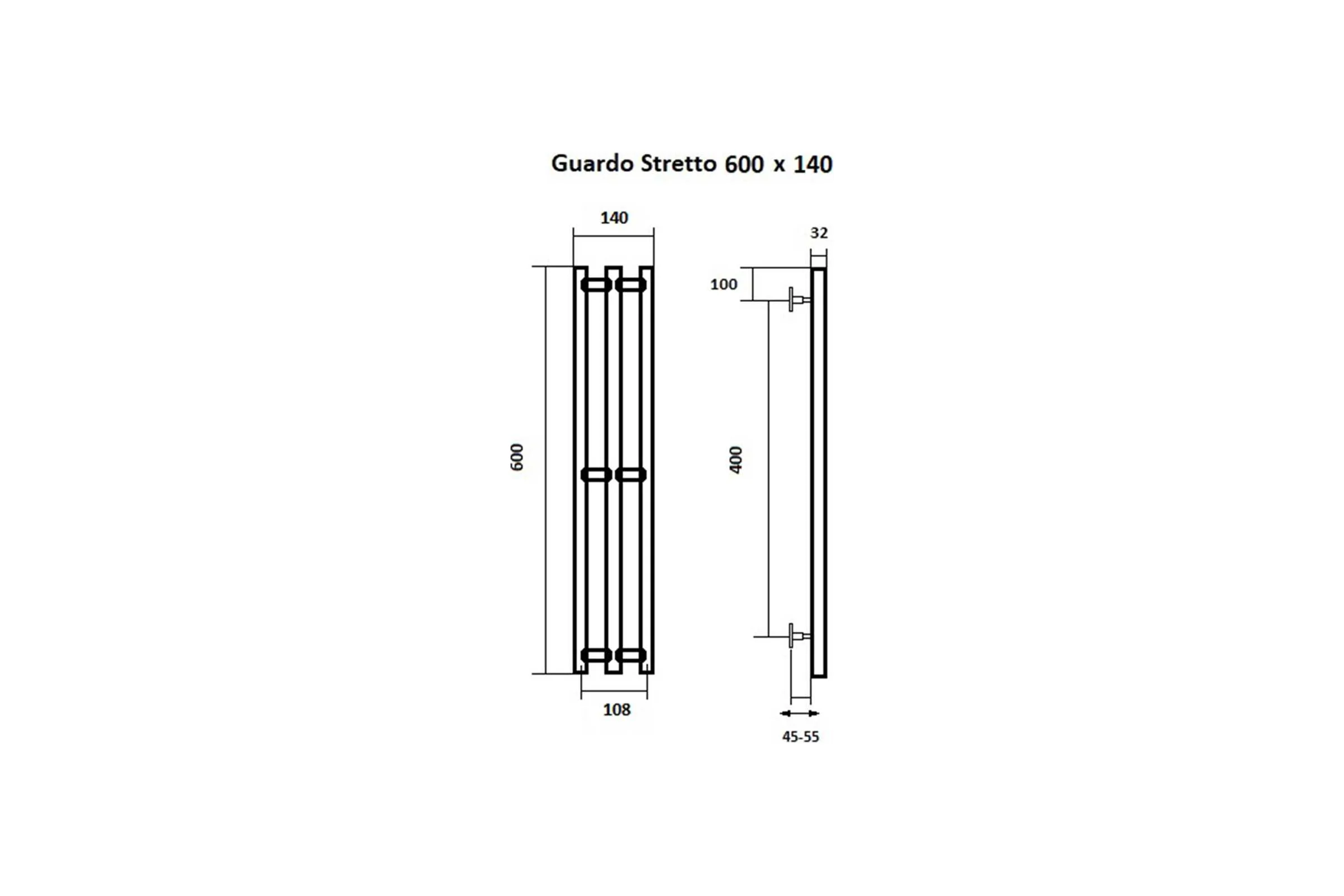 Водяной полотенцесушитель GUARDO STRETTO 600x140 с 3 перекладинами черный матовый RAL 9005  STRETTO 0614 R9005(М)