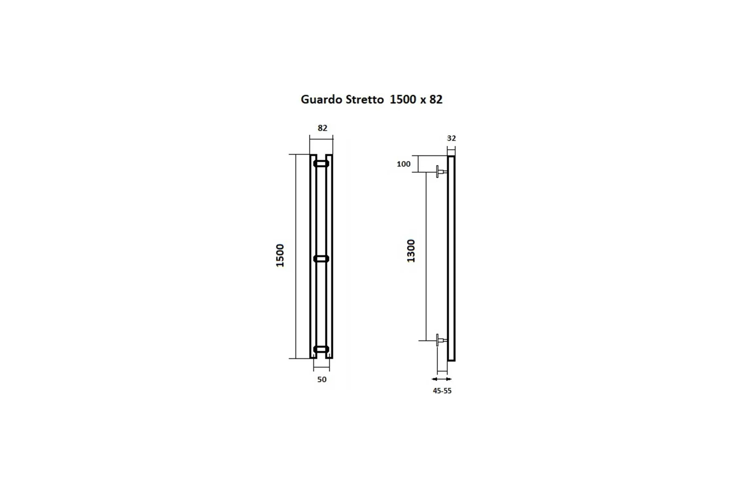 Водяной полотенцесушитель GUARDO STRETTO 1500x82 с 2 перекладинами белый матовый RAL 9016  STRETTO 1585 R9016(М)
