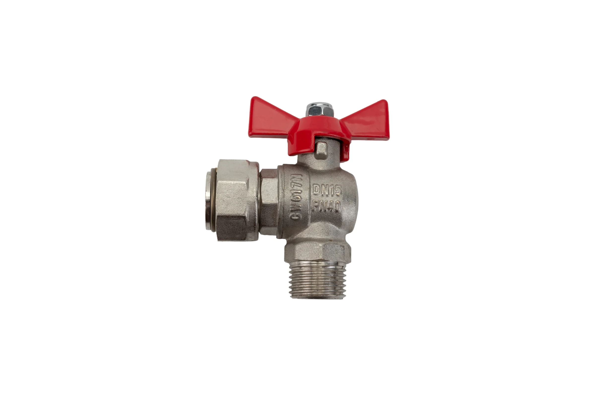 Шаровой кран VALTEC BASE угловой с накидной гайкой 1/2х3/4 нар.-вн. VT.267.N.0405