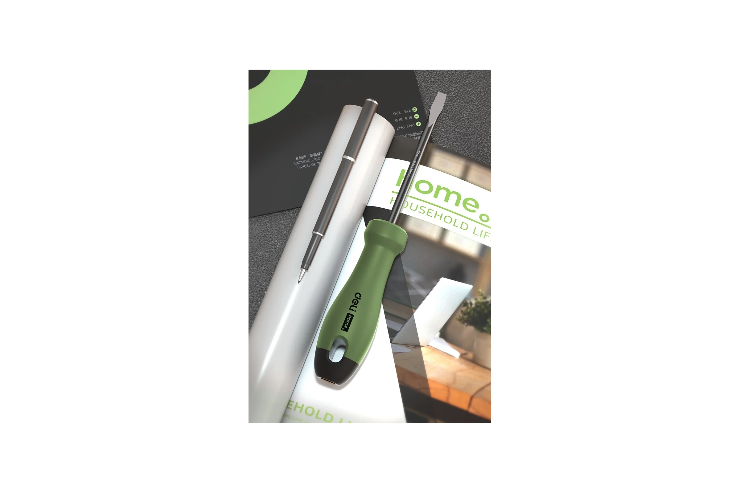 Шлицевая отвёртка DELI HOME SERIES GREEN HT1106L 6x150мм эксклюзивный дизайн, софттач пластик 130295