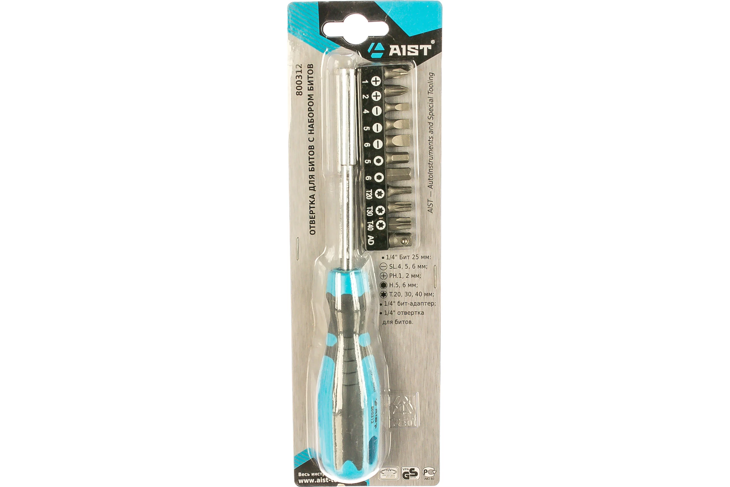 Отвертка AIST для битов и вставок 1/4″ (вороток для бит) с магнитным держателем и набором сменных насадок: шлицевые SL, крестовые PH, шестигранные HEX, звёздочки TORX, 12 предметов 800312 00-00003399