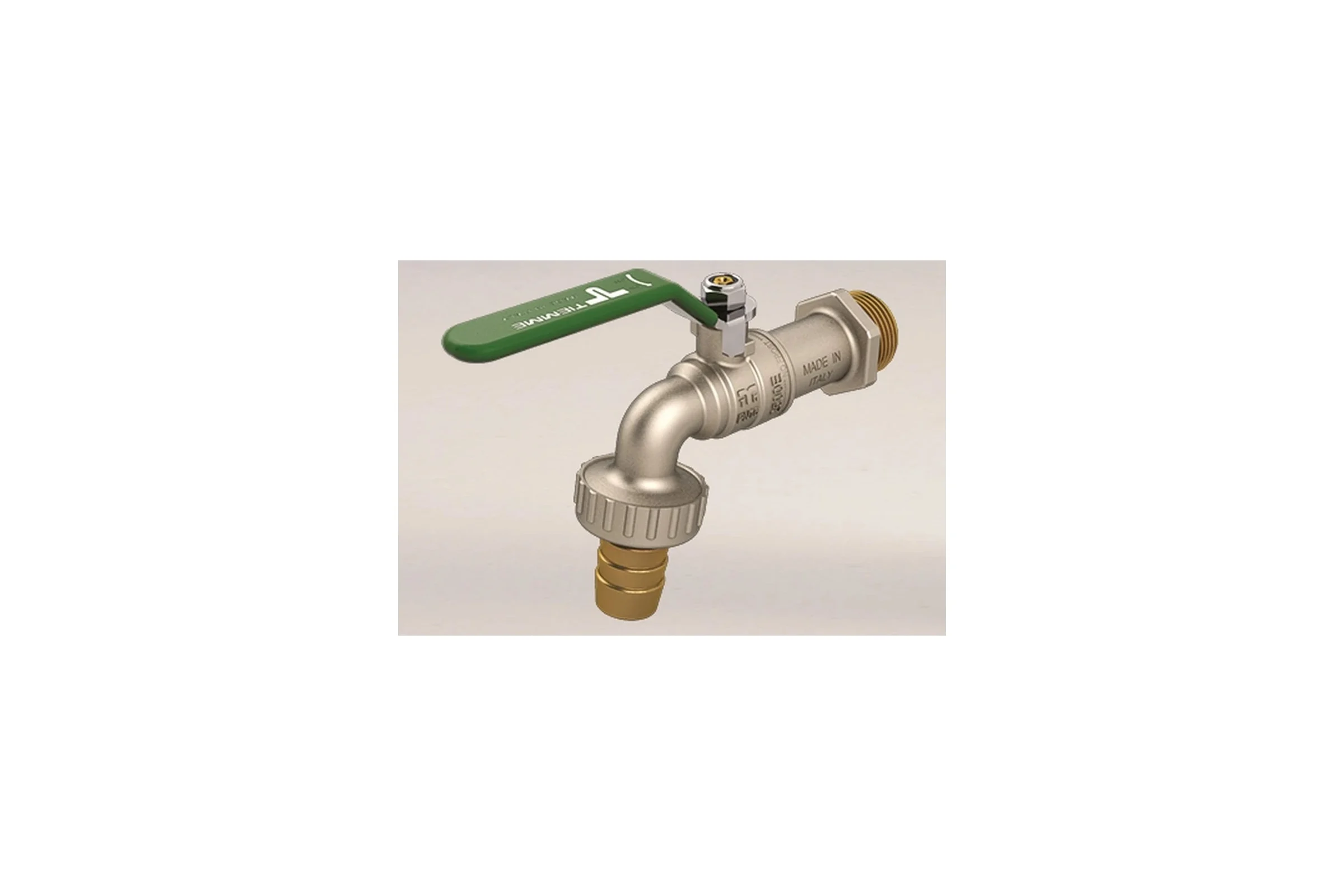 Кран Tiemme 1/2" шаровой сливной со штуцером NO Frost (зеленая плоская ручка) 2500058 2500058/2531V