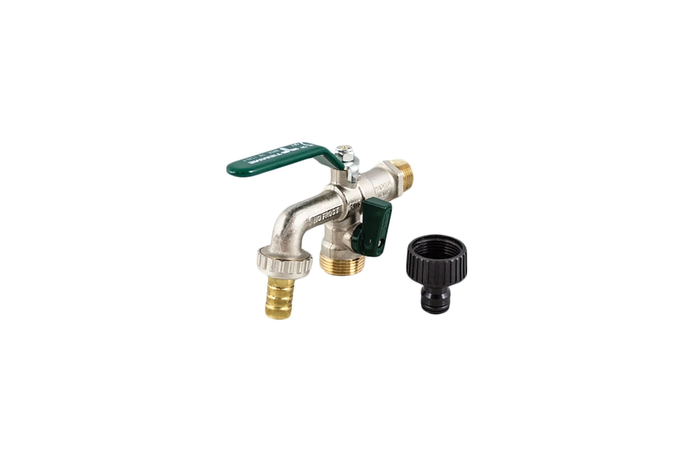 Кран Tiemme 1/2" шаровой сливной со штуцером NO Frost Duplex (зеленая плоская ручка) 2500062 2500062/2535V