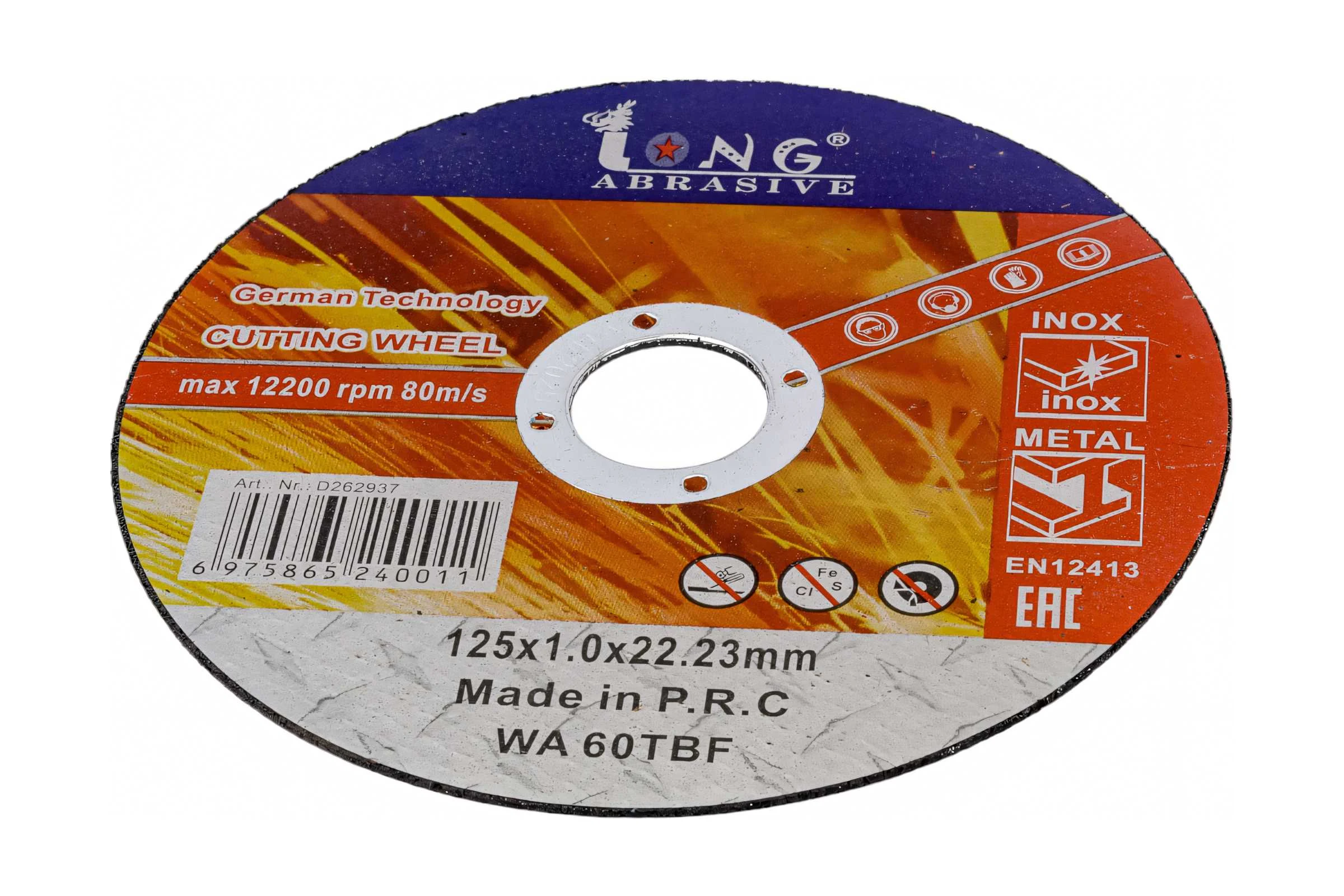 Отрезной круг по металлу WA60TBF 125x1x22.23 мм, T41, прямой Long Abrasive D262937