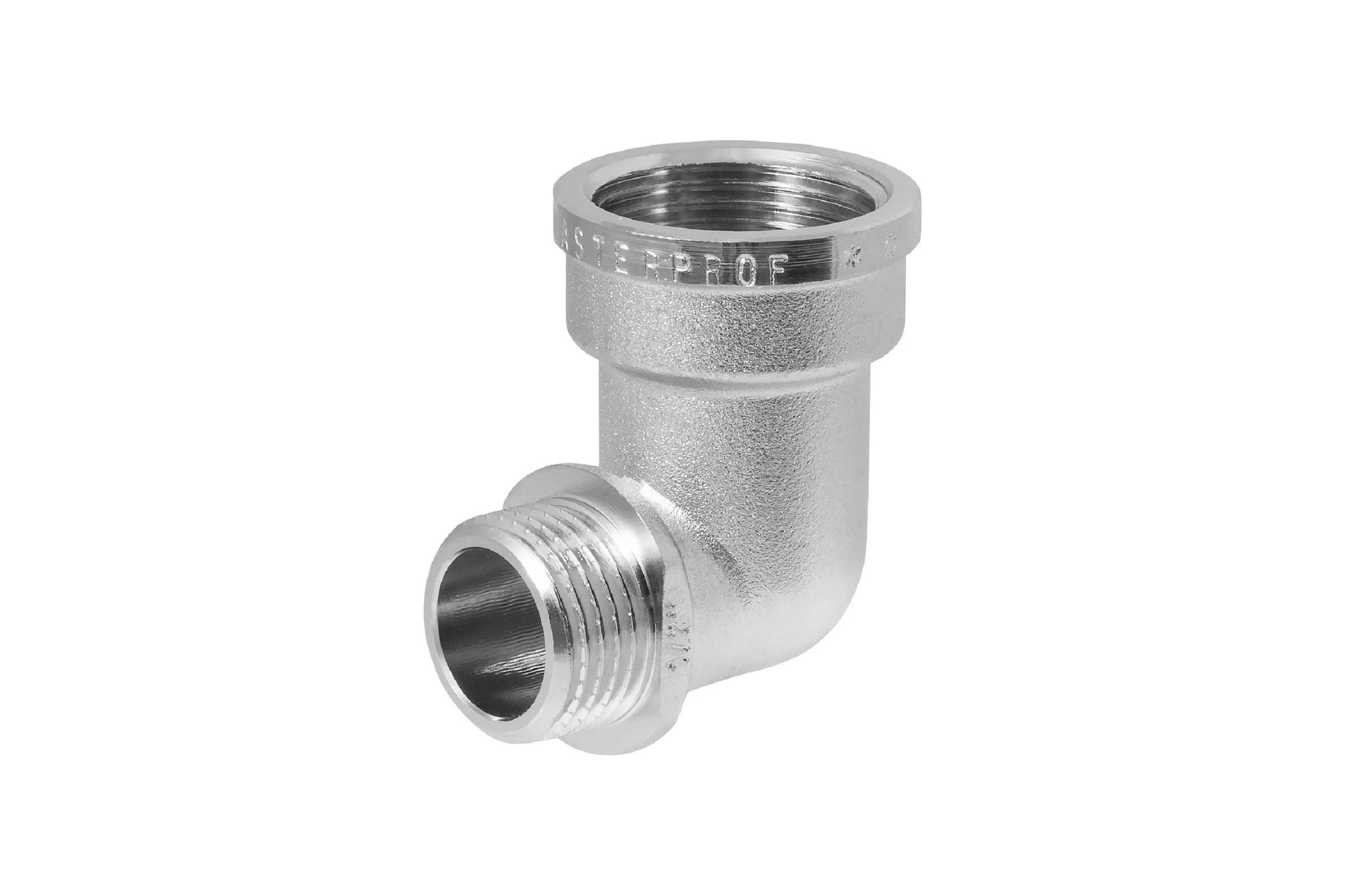 Уголок сантехнический с ограничителем MPF 3/4" на 1/2" латунный никелированный внутренняя-наружная резьба ИС.072633