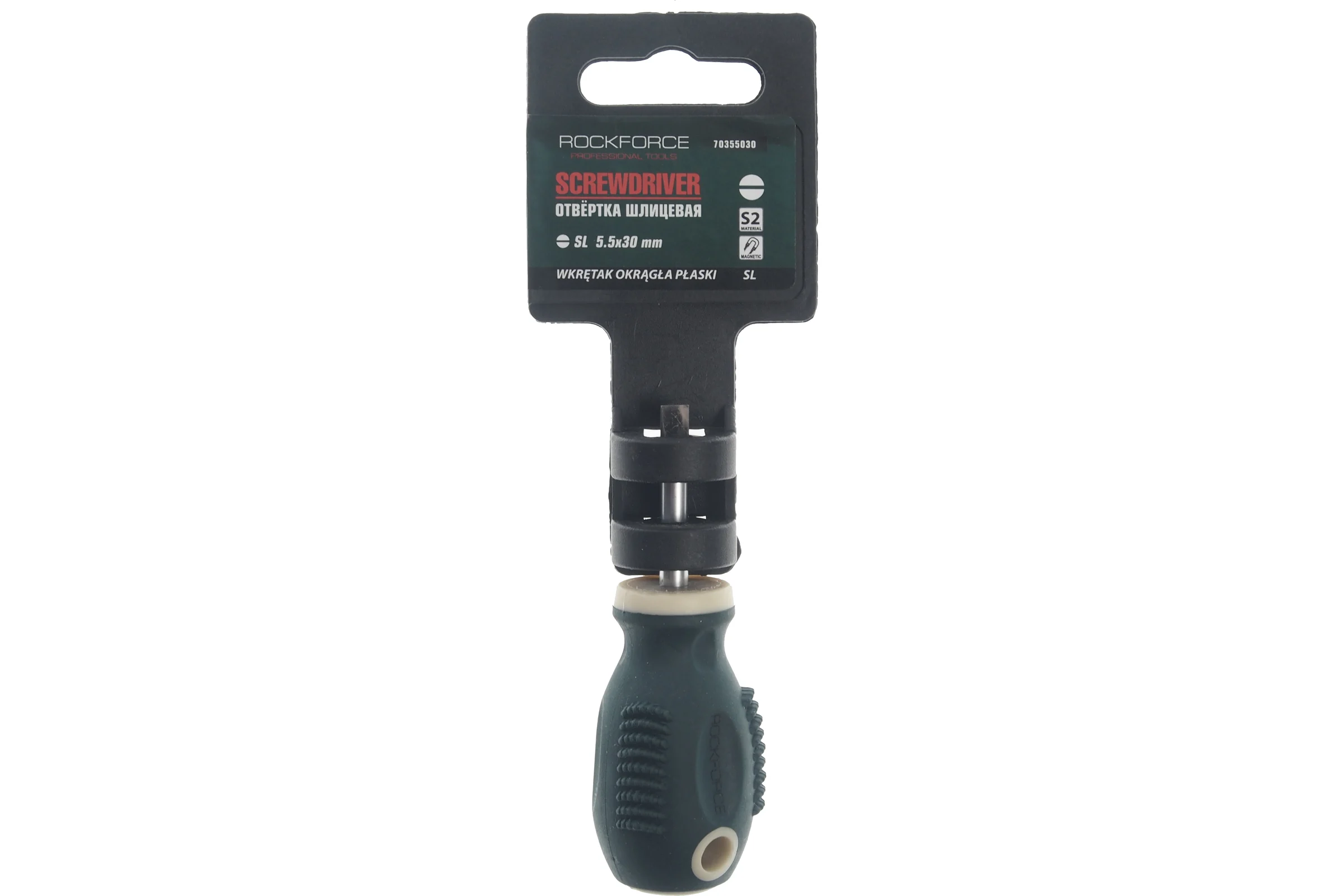 Шлицевая магнитная отвертка Rockforce Profi S2 SL5.5х30мм, на пластиковом держател RF-70355030(28263)