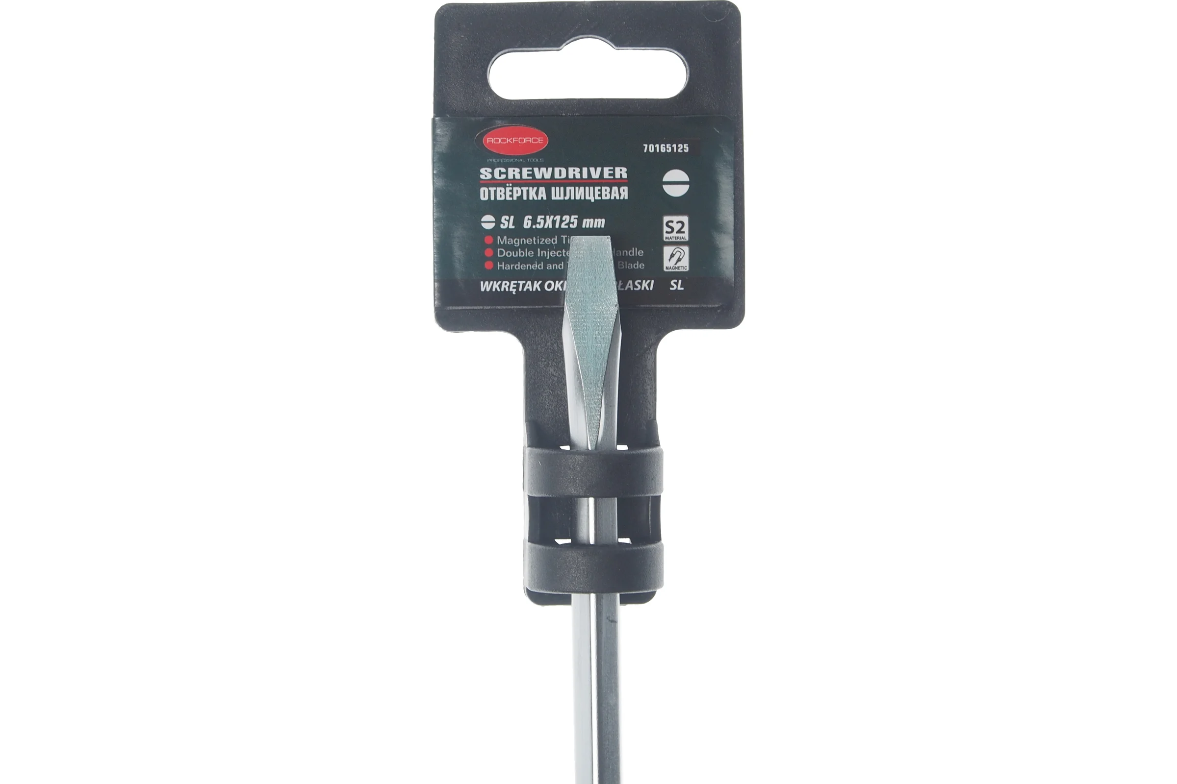 Шлицевая магнитная отвертка Rockforce Profi S2 SL6.5х125мм, в пластиковом держателе RF-70165125(27184)