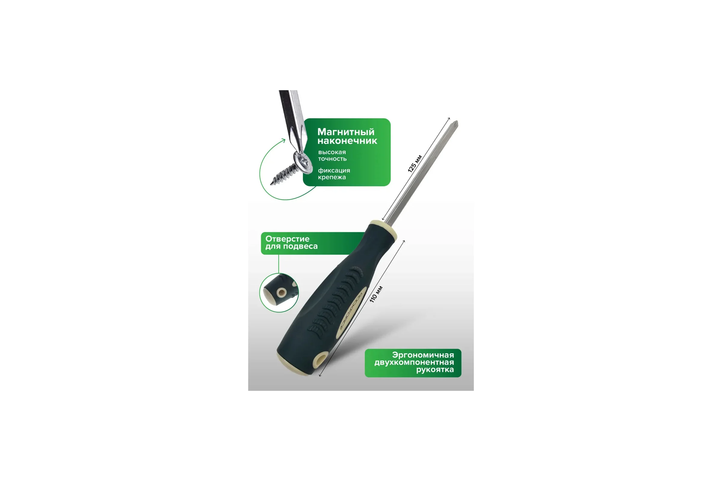 Крестовая магнитная отвертка Rockforce Profi S2 PH2.0х125мм, в пластиковом держателе RF-70120125(27181)