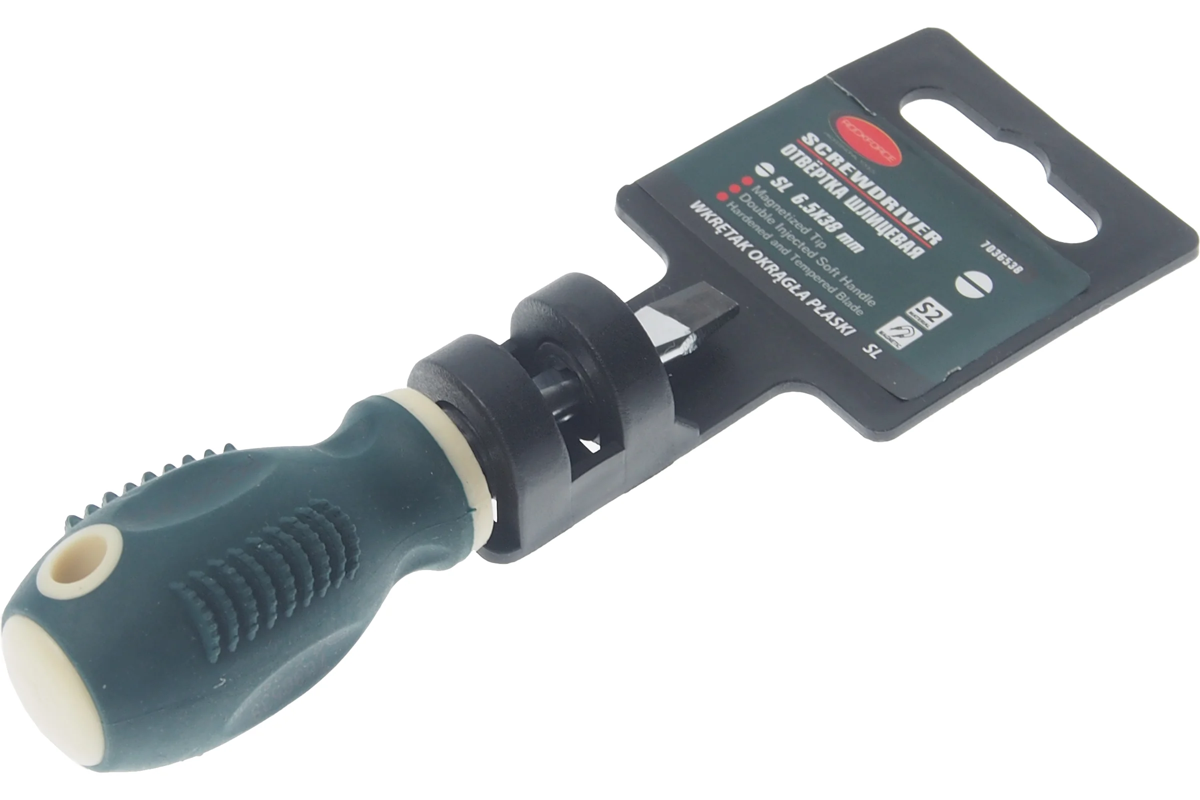 Шлицевая магнитная отвертка Rockforce Profi S2 SL6.5х38мм, в пластиковом держателе RF-7036538(27188)