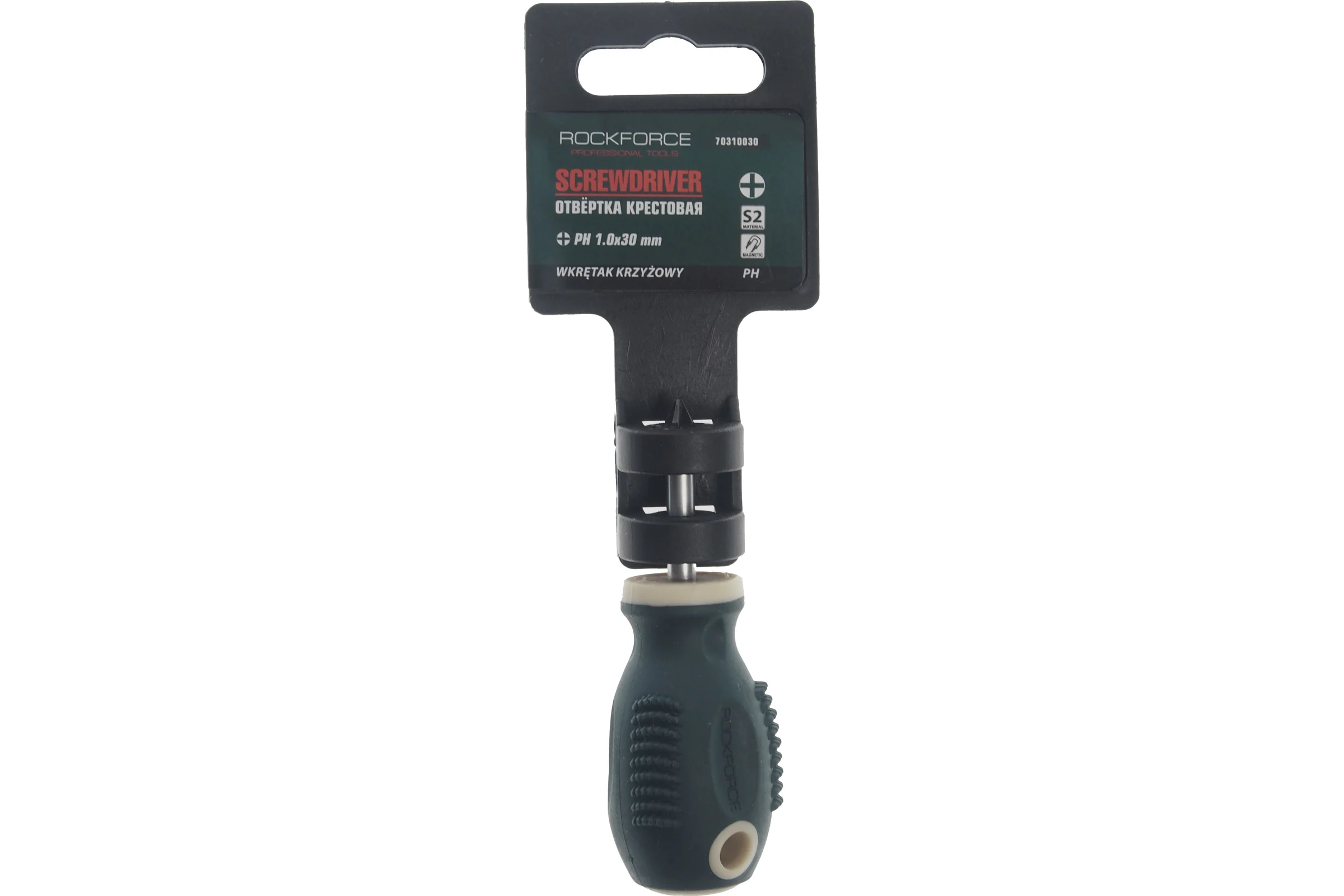 Крестовая магнитная отвертка Rockforce Profi S2 PH1.0х30мм, на пластиковом держателе RF-70310030(28258)