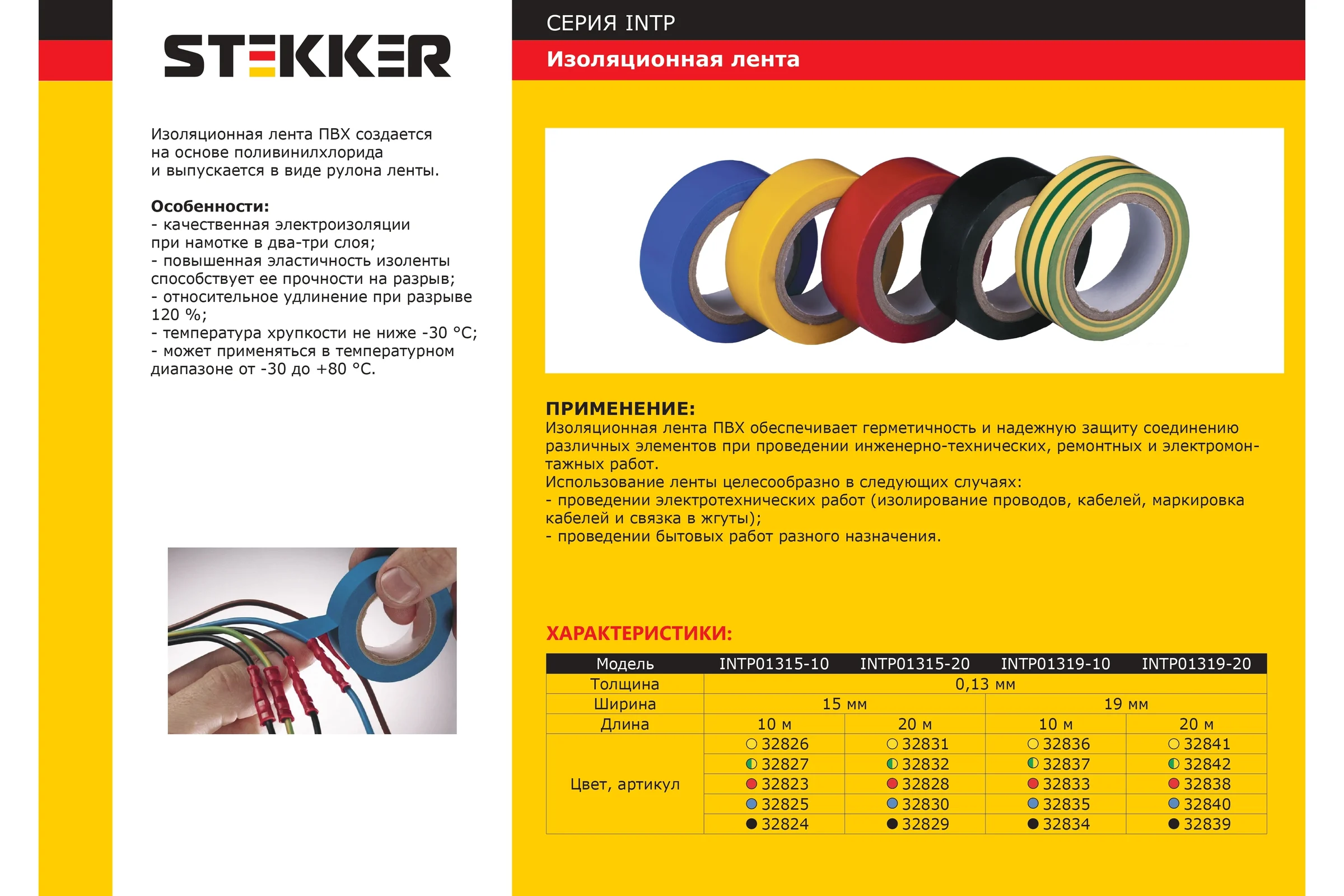 Изоляционная лента STEKKER 0,13x19 мм, 20 м, красная, INTP01319-20 32838
