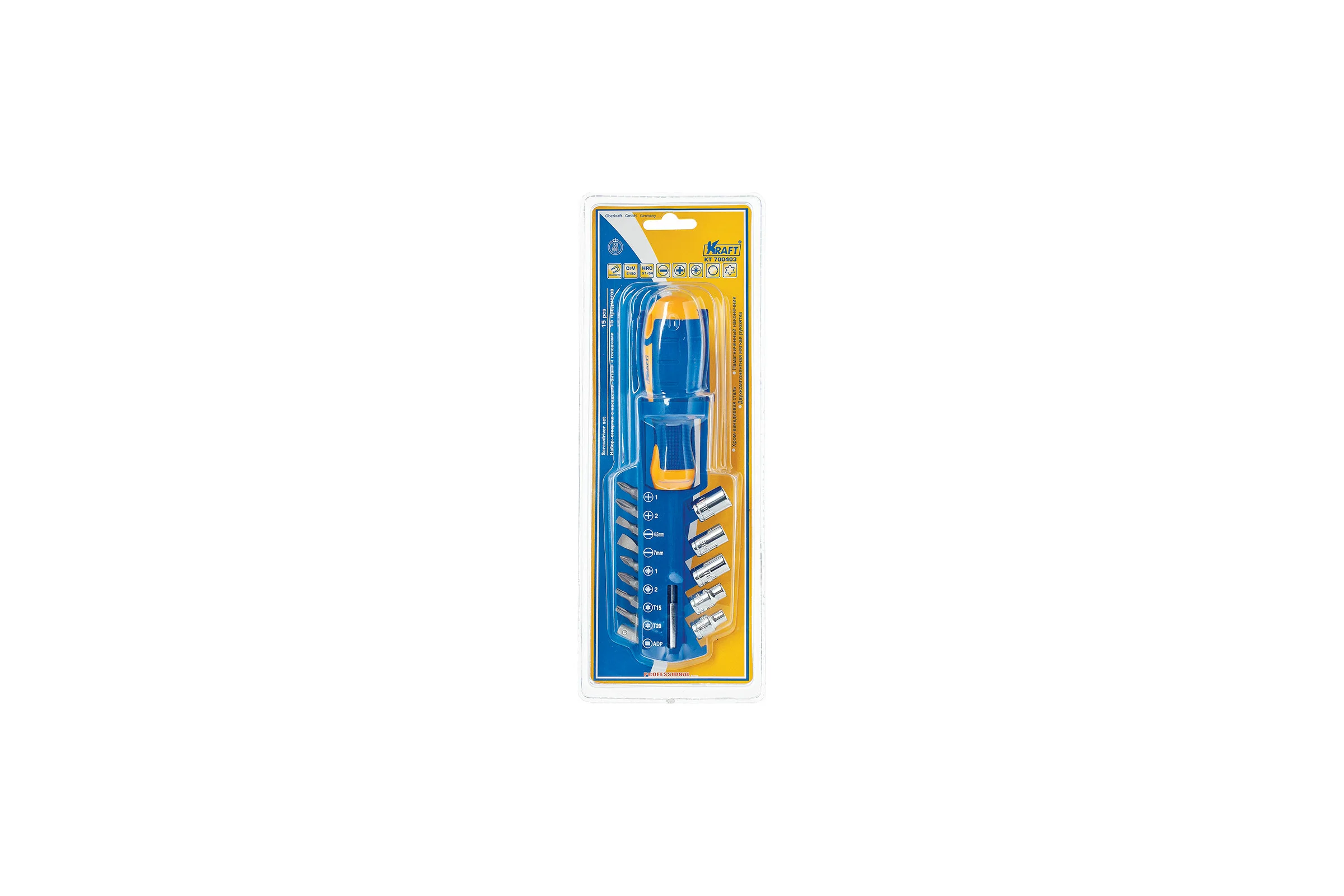 Отвертка с битами и головками 15 предметов KRAFT KT 700403