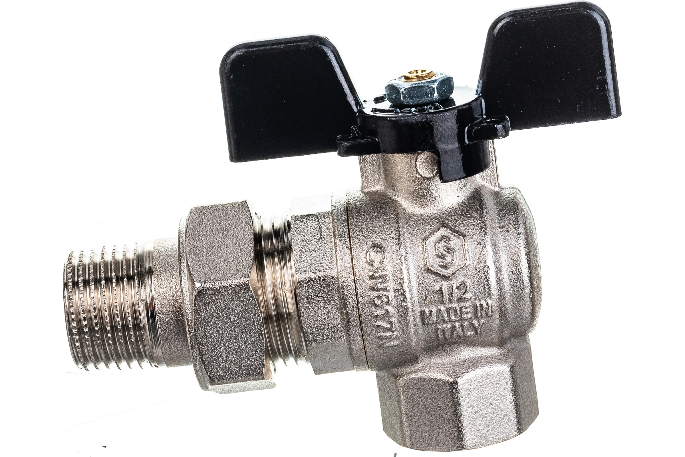 Кран шаровой полнопроходной угловой с американкой STOUT 1/2" ВР/НР ручка бабочка SVB-0008-200015 RG00938T5RM7A5
