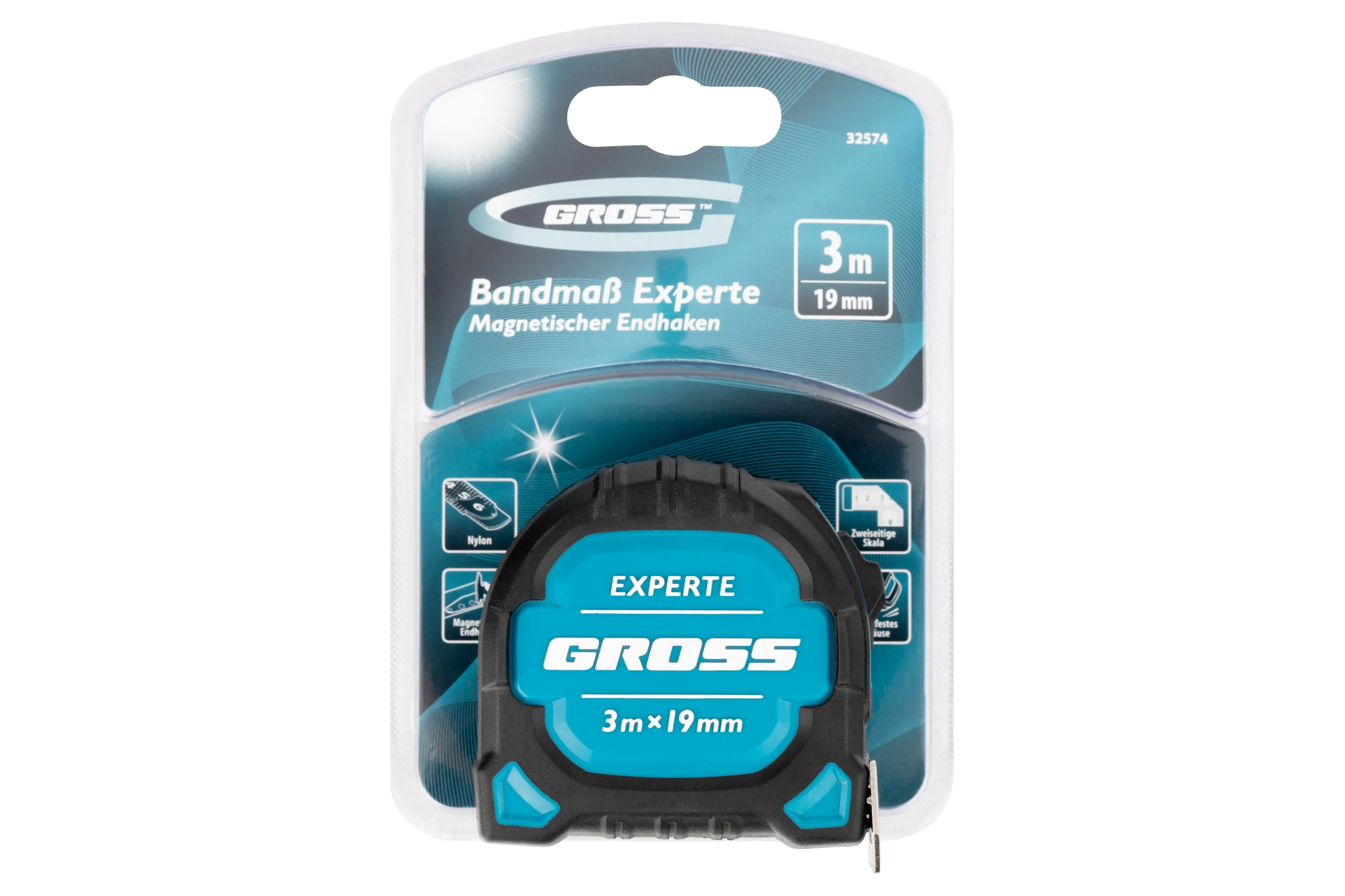 Рулетка GROSS Experte, 3 м x 19 мм, двухкомпонентный корпус, магнит, двухсторонняя разметка, нейлон 32574