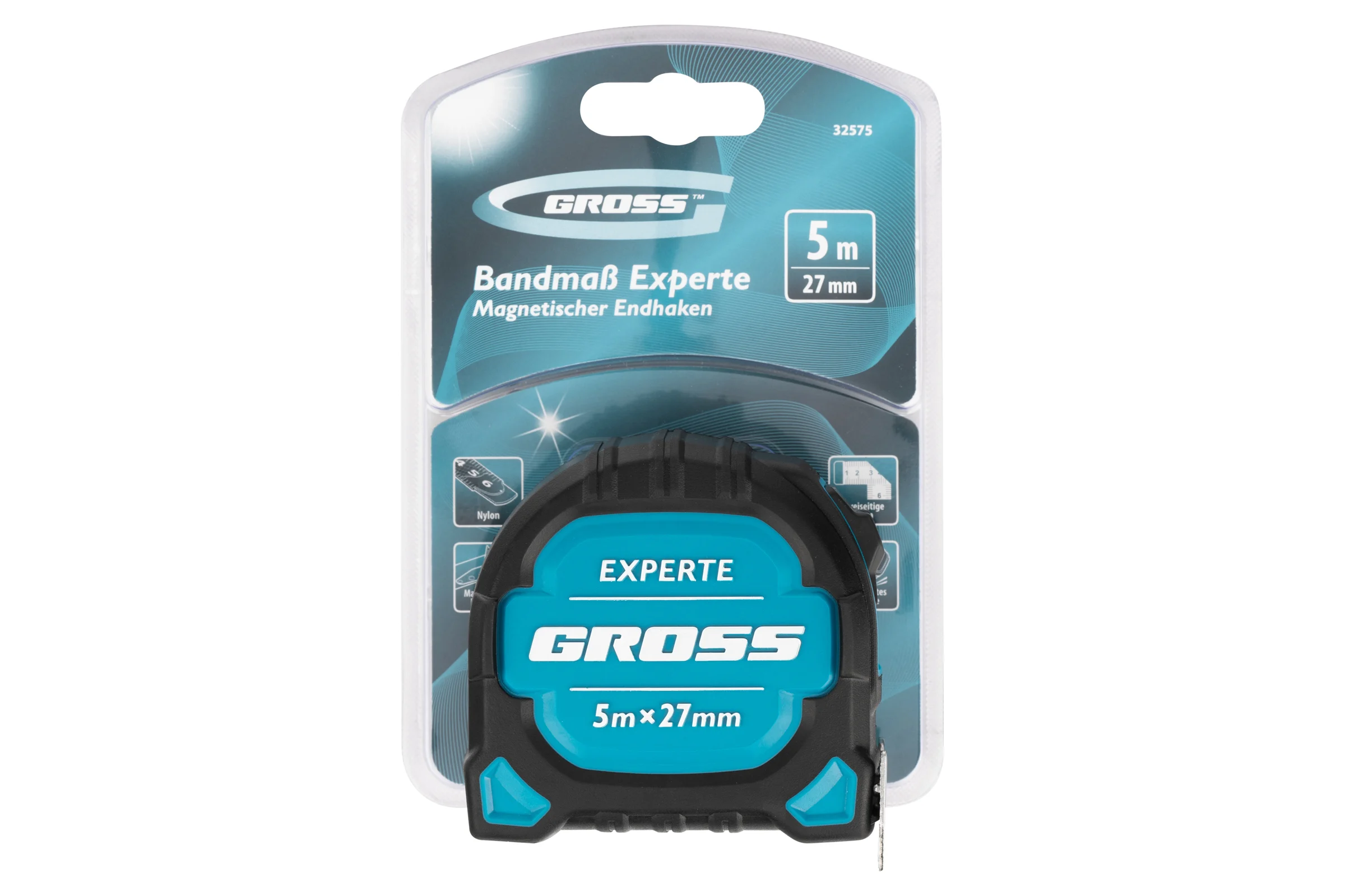 Рулетка GROSS Experte, 5 м x 27 мм, двухкомпонентный корпус, магнит, двухсторонняя разметка, нейлон 32575