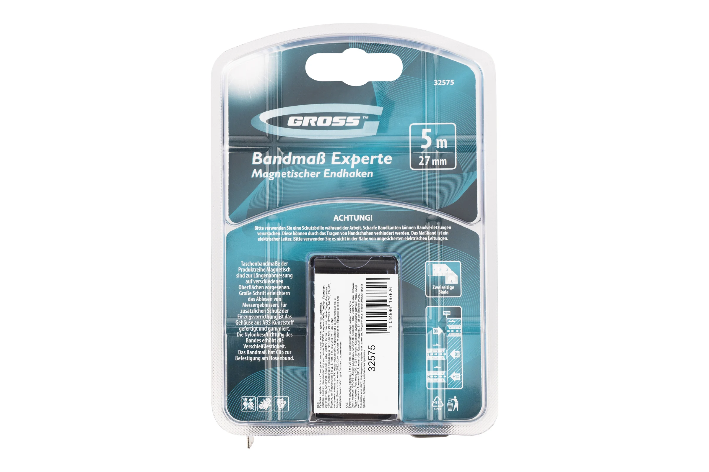 Рулетка GROSS Experte, 5 м x 27 мм, двухкомпонентный корпус, магнит, двухсторонняя разметка, нейлон 32575