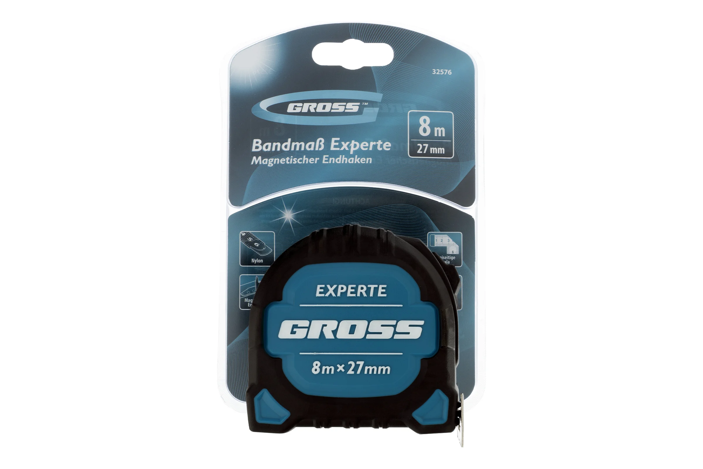 Рулетка GROSS Experte, 8 м x 27 мм, двухкомпонентный корпус, магнит, двухсторонняя разметка, нейлон 32576