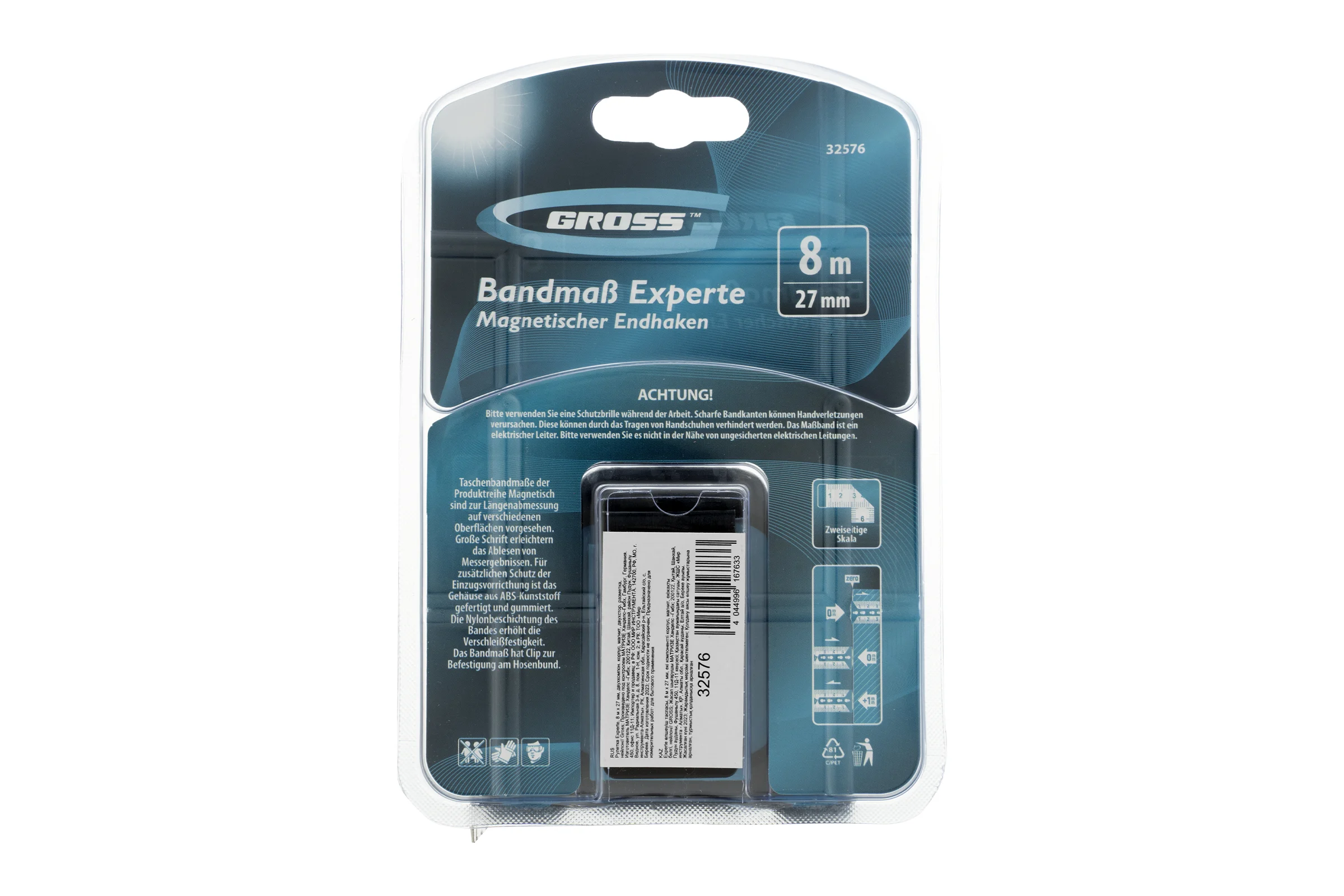Рулетка GROSS Experte, 8 м x 27 мм, двухкомпонентный корпус, магнит, двухсторонняя разметка, нейлон 32576