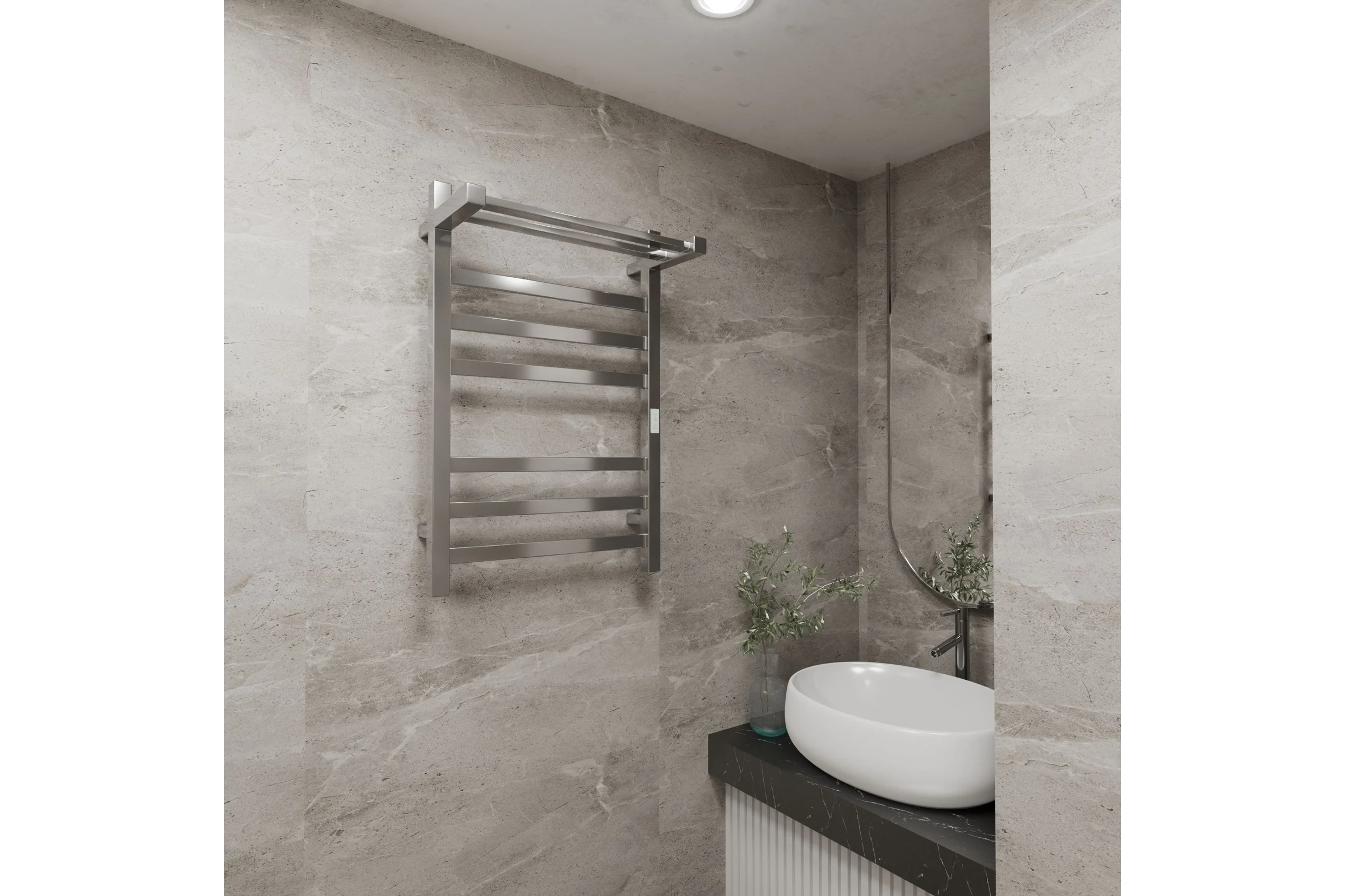 Электрический профильный полотенцесушитель с полкой Bauedge BAU Hotel Shelf 50x80, 6 планок, универсальный, нерж. сталь полированная DB-0005
