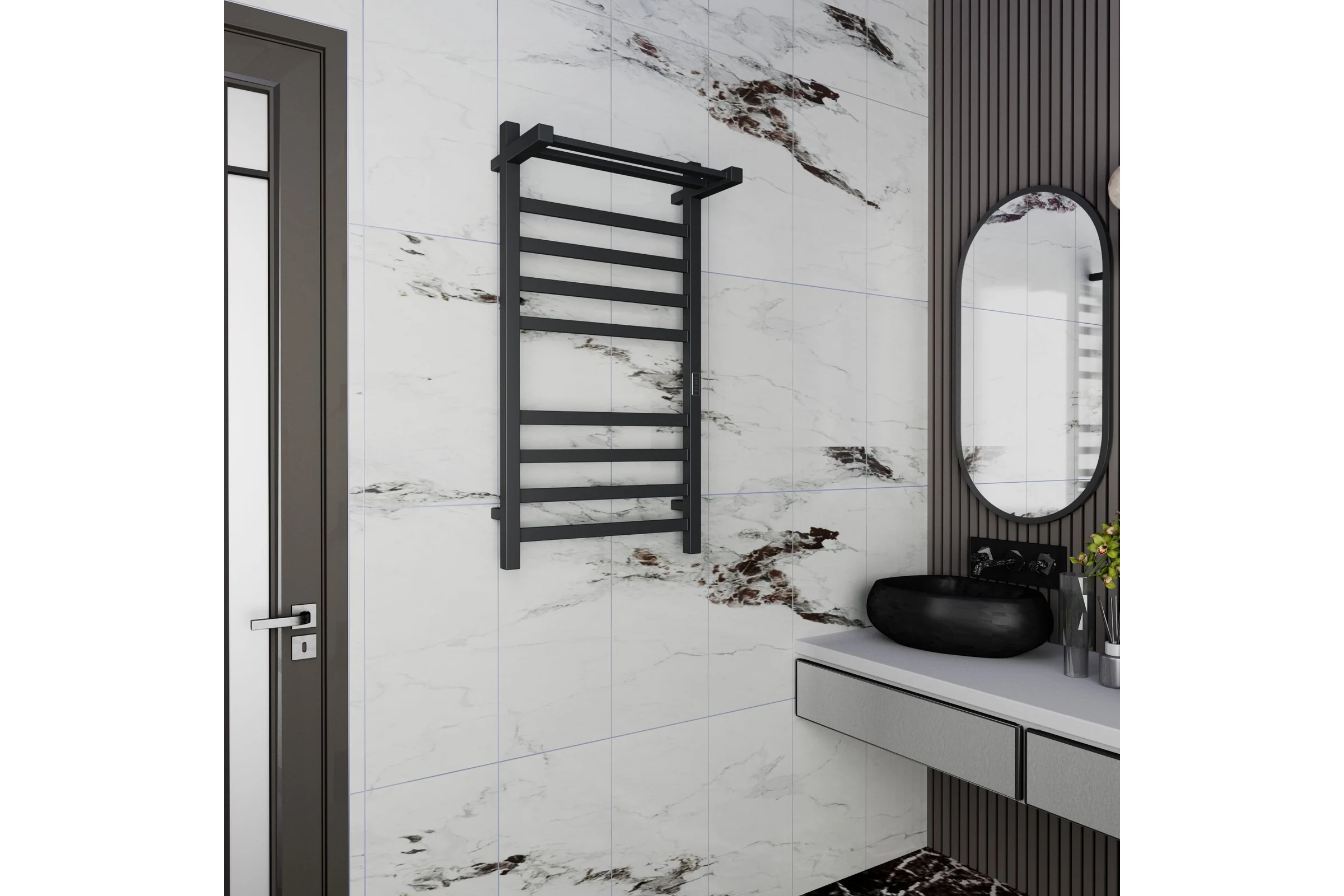 Электрический профильный полотенцесушитель с полкой Bauedge BAU Hotel Shelf 50x100, 8 планок, универсальный, черный матовый RAL 9005 DB-0003