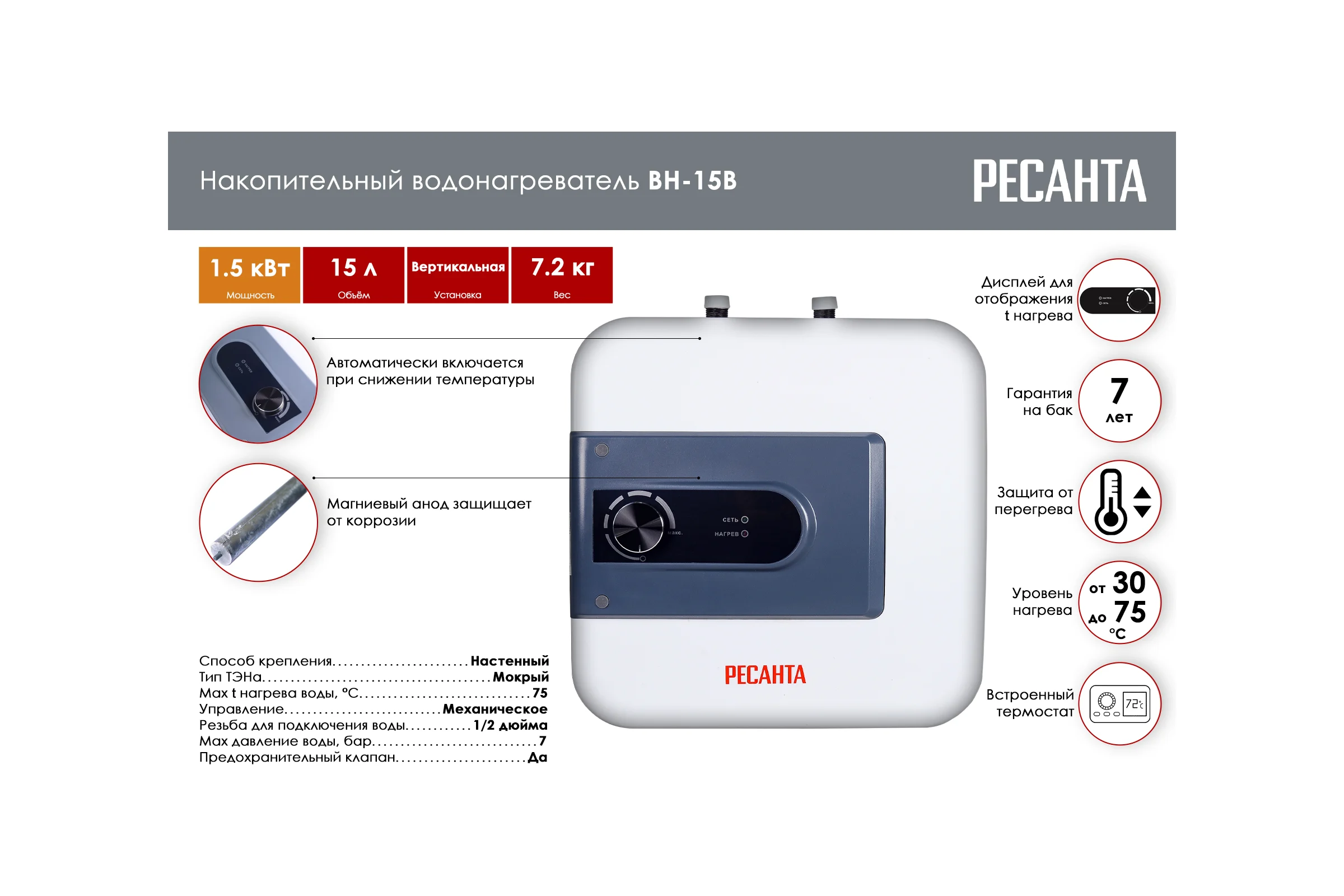 Накопительный водонагреватель Ресанта ВН-15В 74/5/6