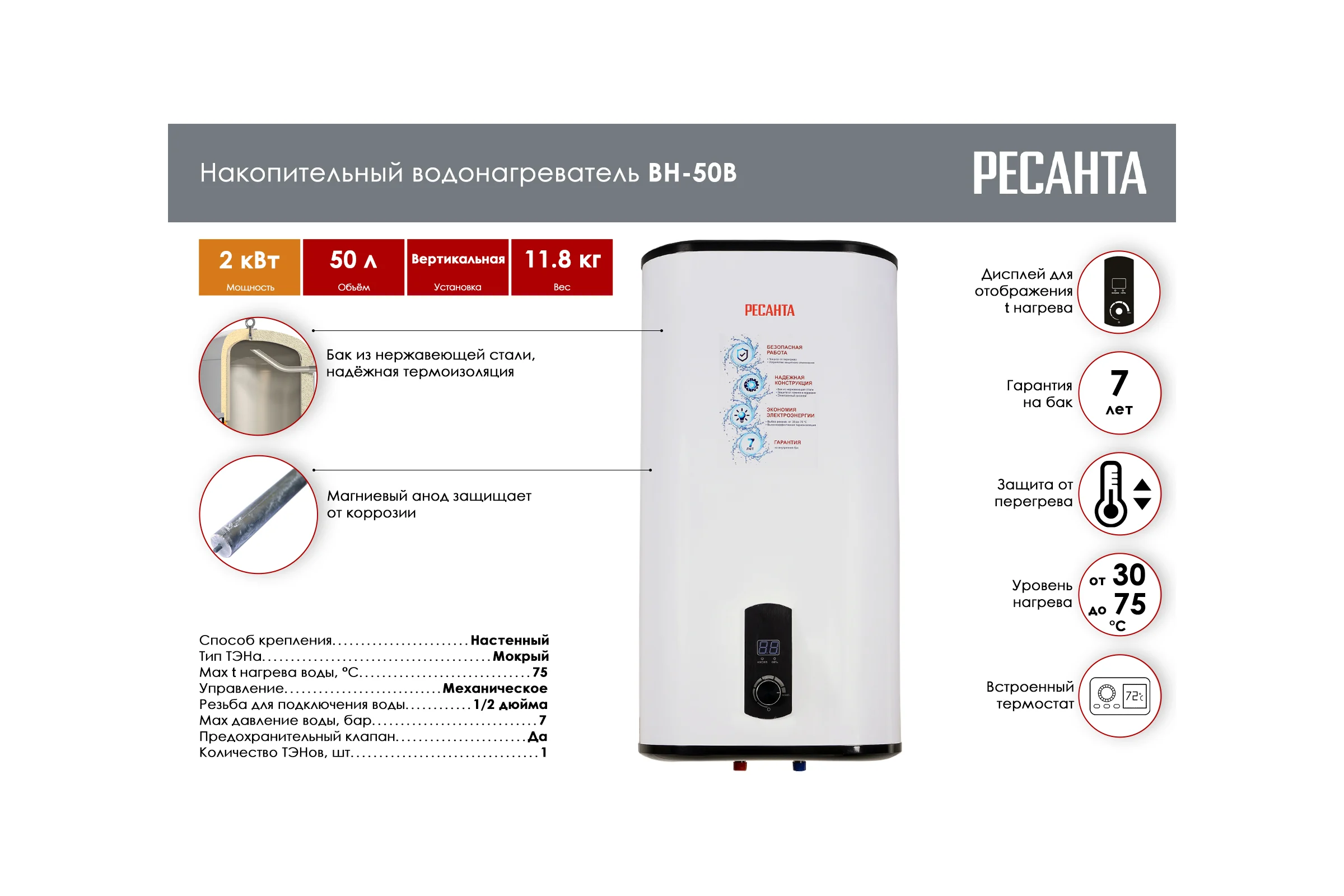 Накопительный водонагреватель Ресанта ВН-50В 74/5/2